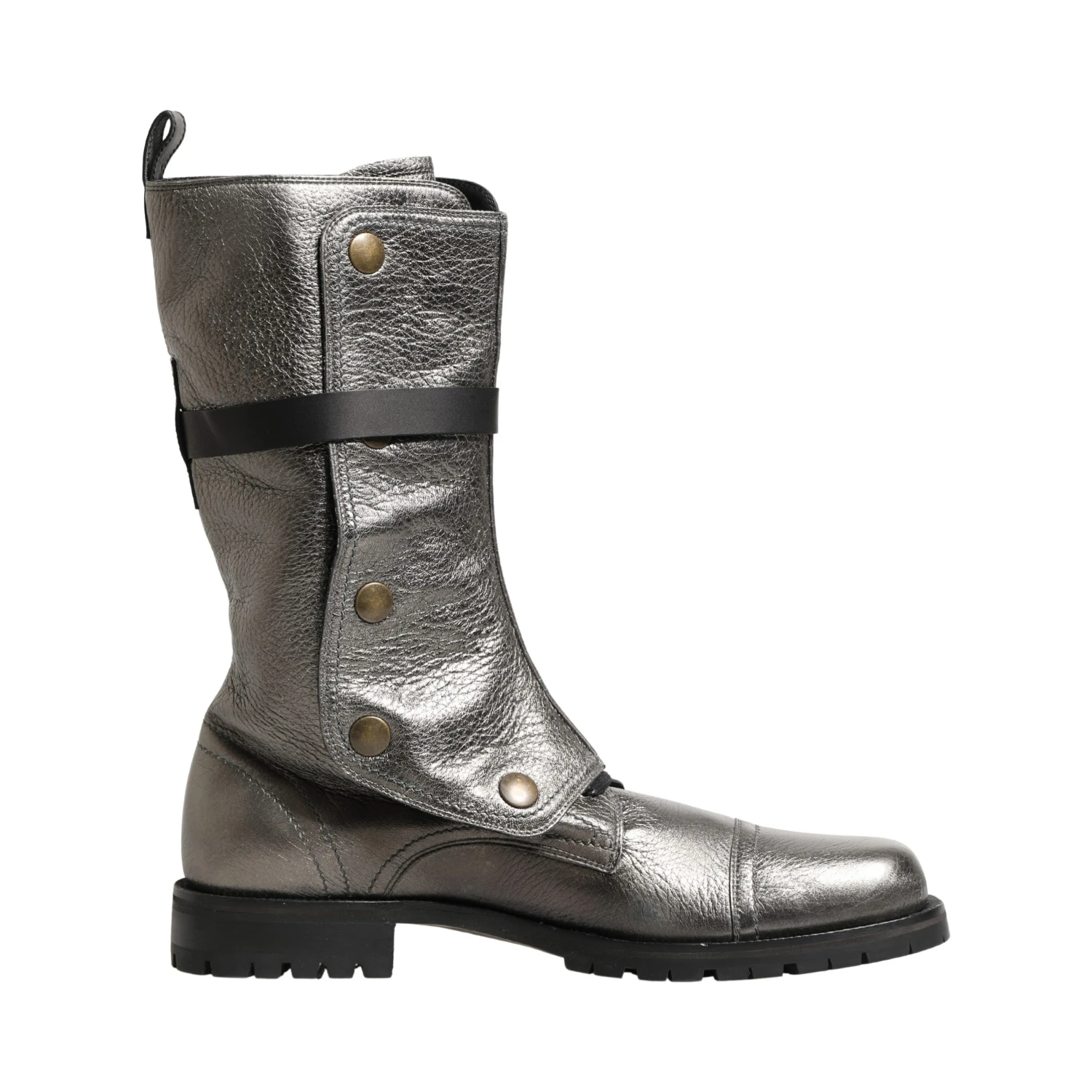 Metallic Silver Combat Biker Mid Calf Boots Shoes