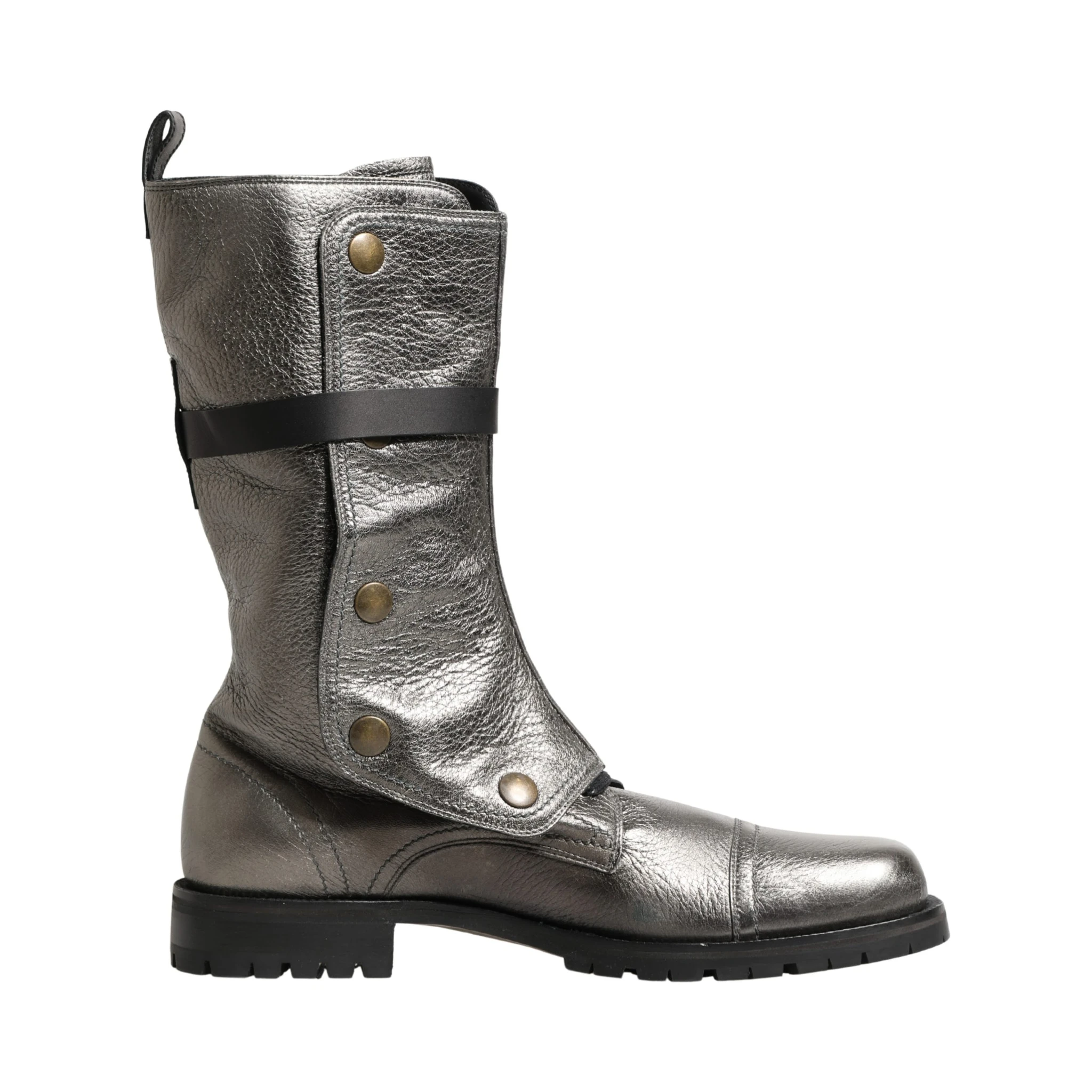 Metallic Silver Combat Biker Mid Calf Boots Shoes