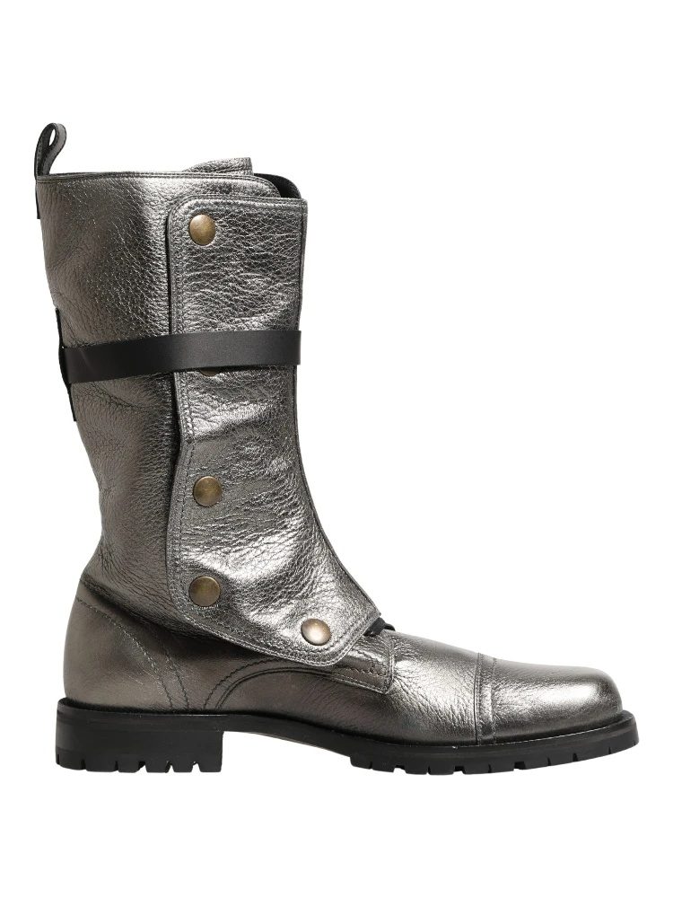 Metallic Silver Combat Biker Mid Calf Boots Shoes alternative