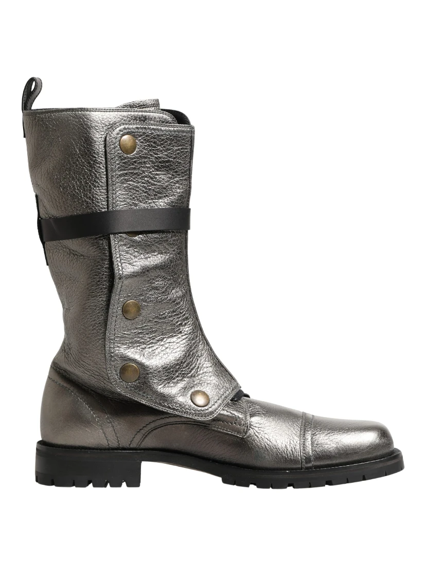 Metallic Silver Combat Biker Mid Calf Boots Shoes
