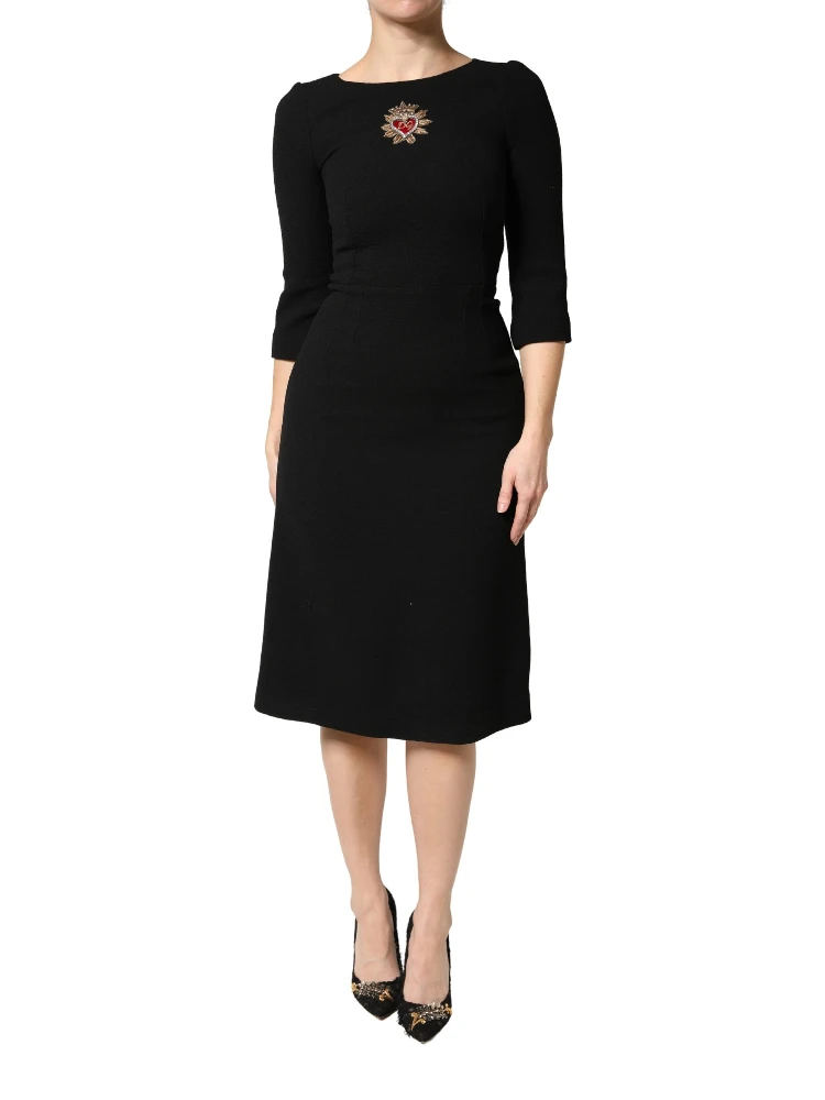 Black Wool Sacred Heart Patch Midi Dress