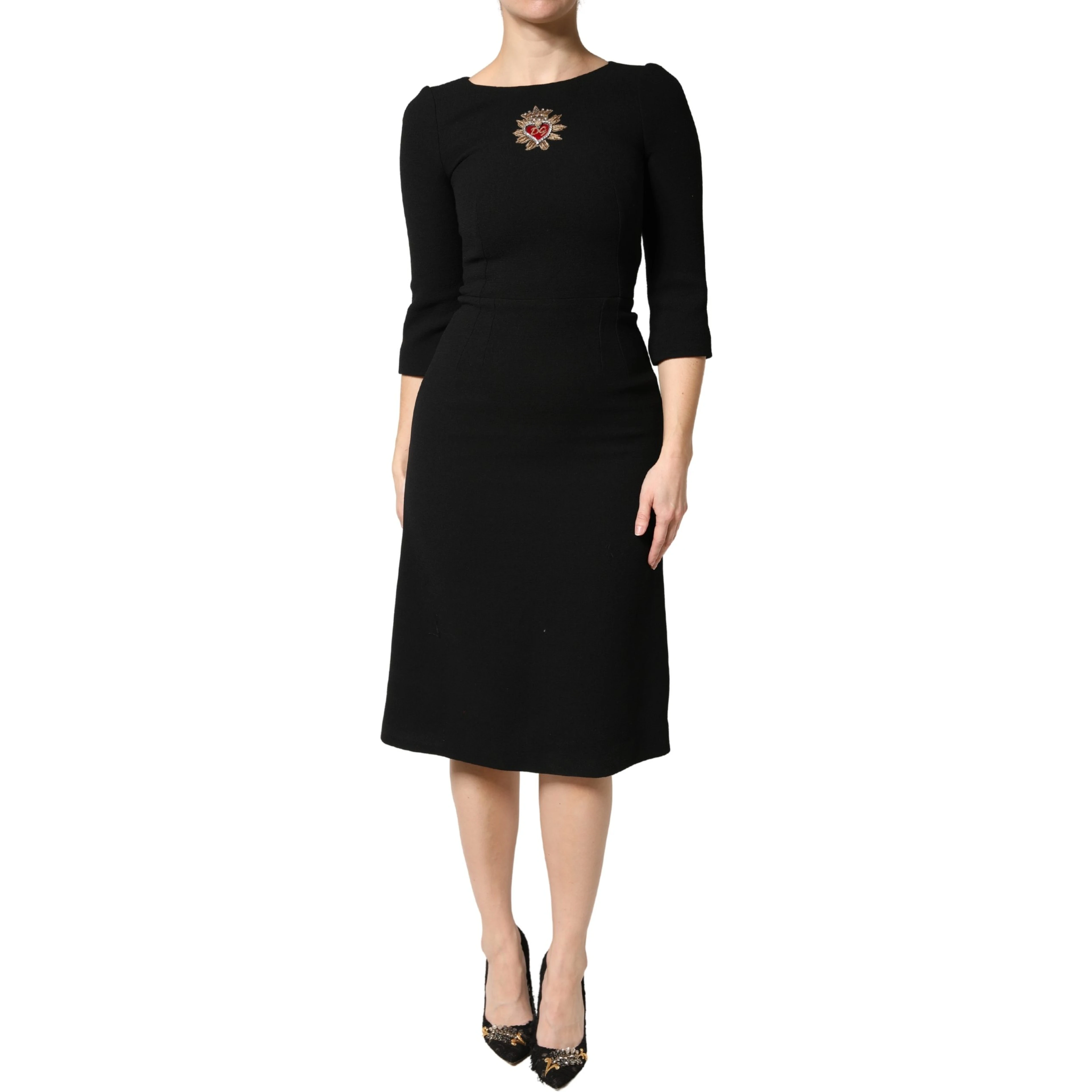 Black Wool Sacred Heart Patch Midi Dress