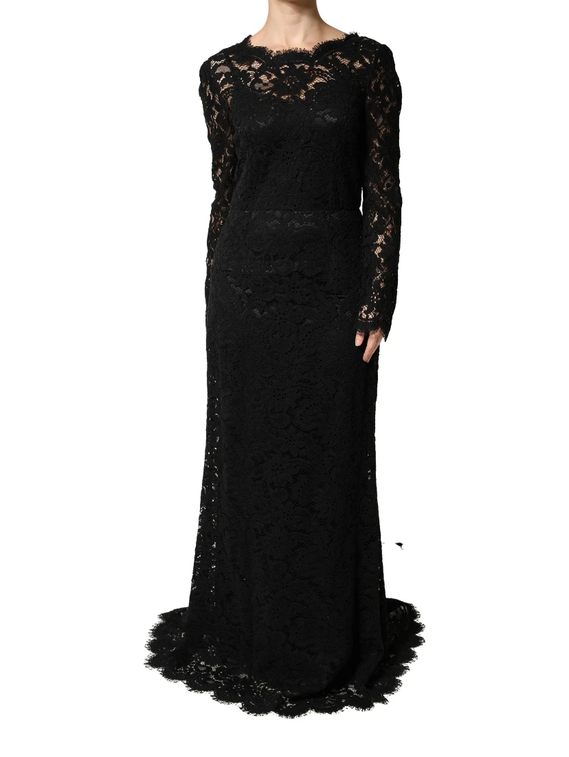 Black Lace Long Sleeves Cotton Maxi Dress