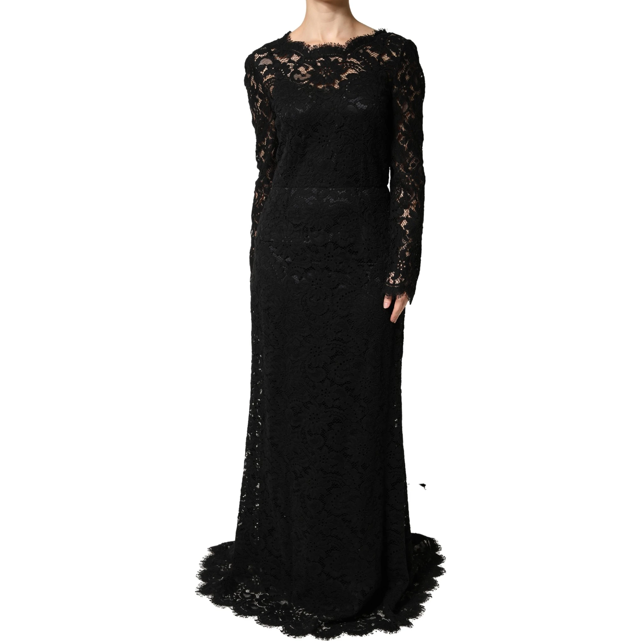 Black Lace Long Sleeves Cotton Maxi Dress
