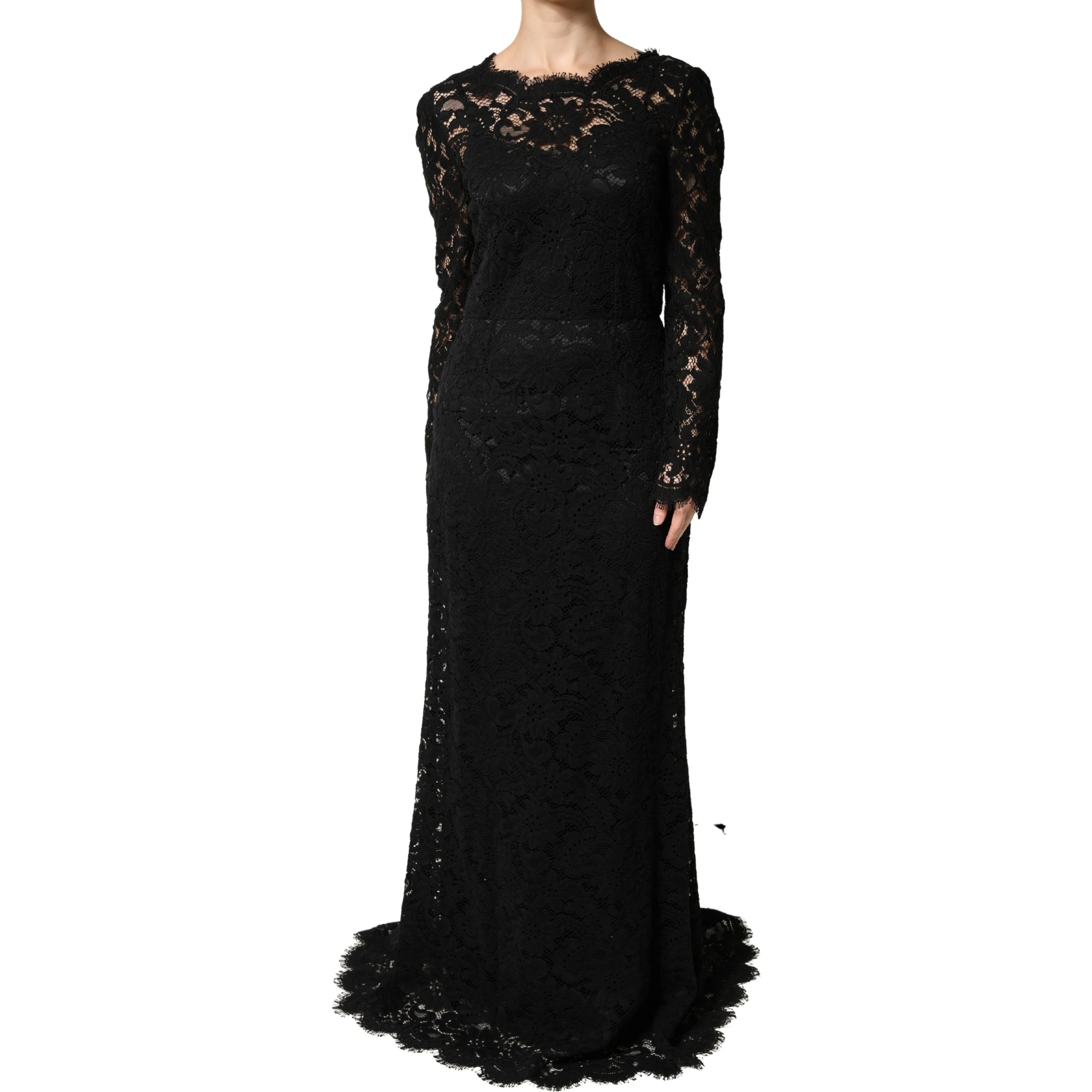 Black Lace Long Sleeves Cotton Maxi Dress