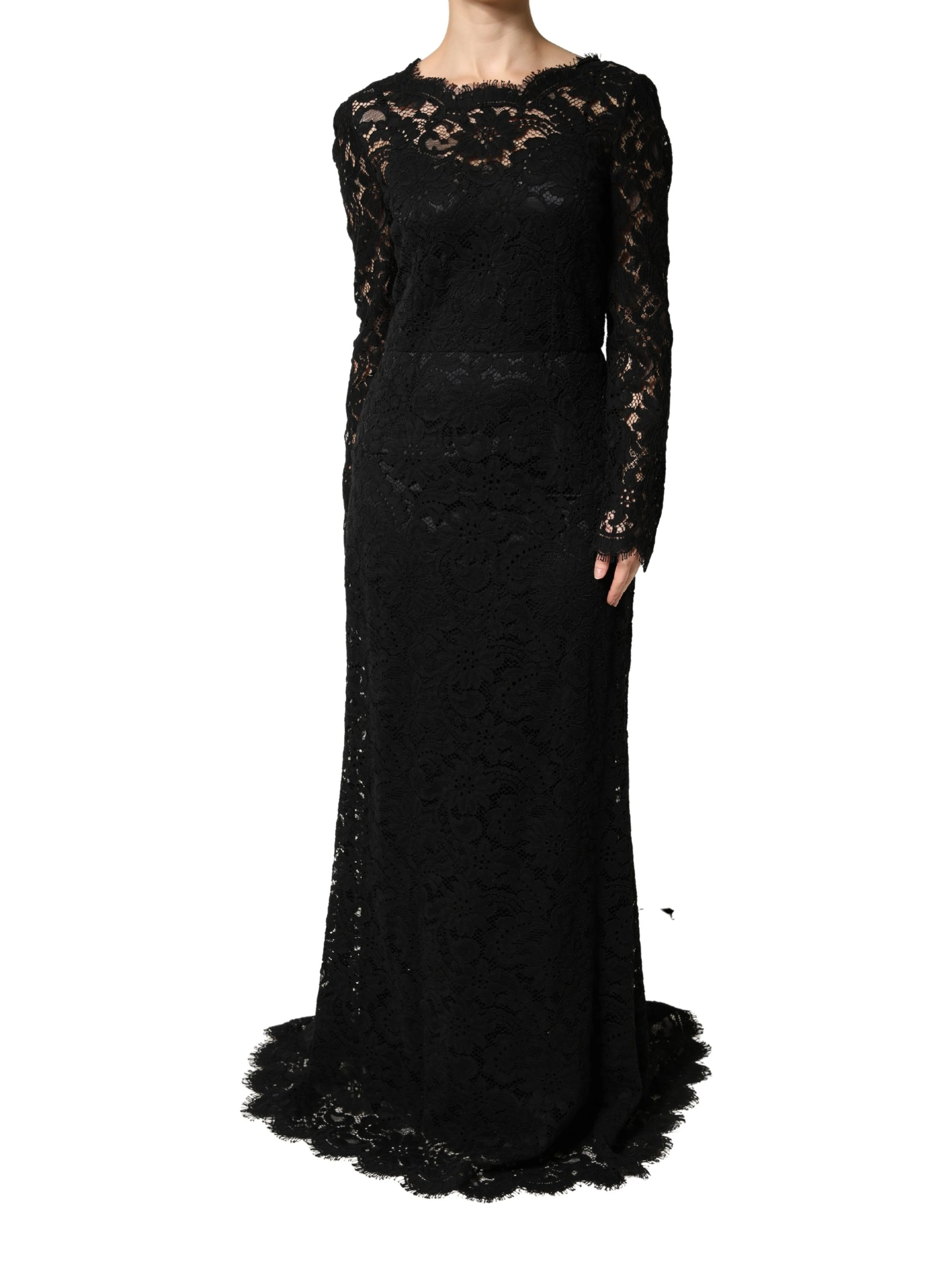 Black Lace Long Sleeves Cotton Maxi Dress