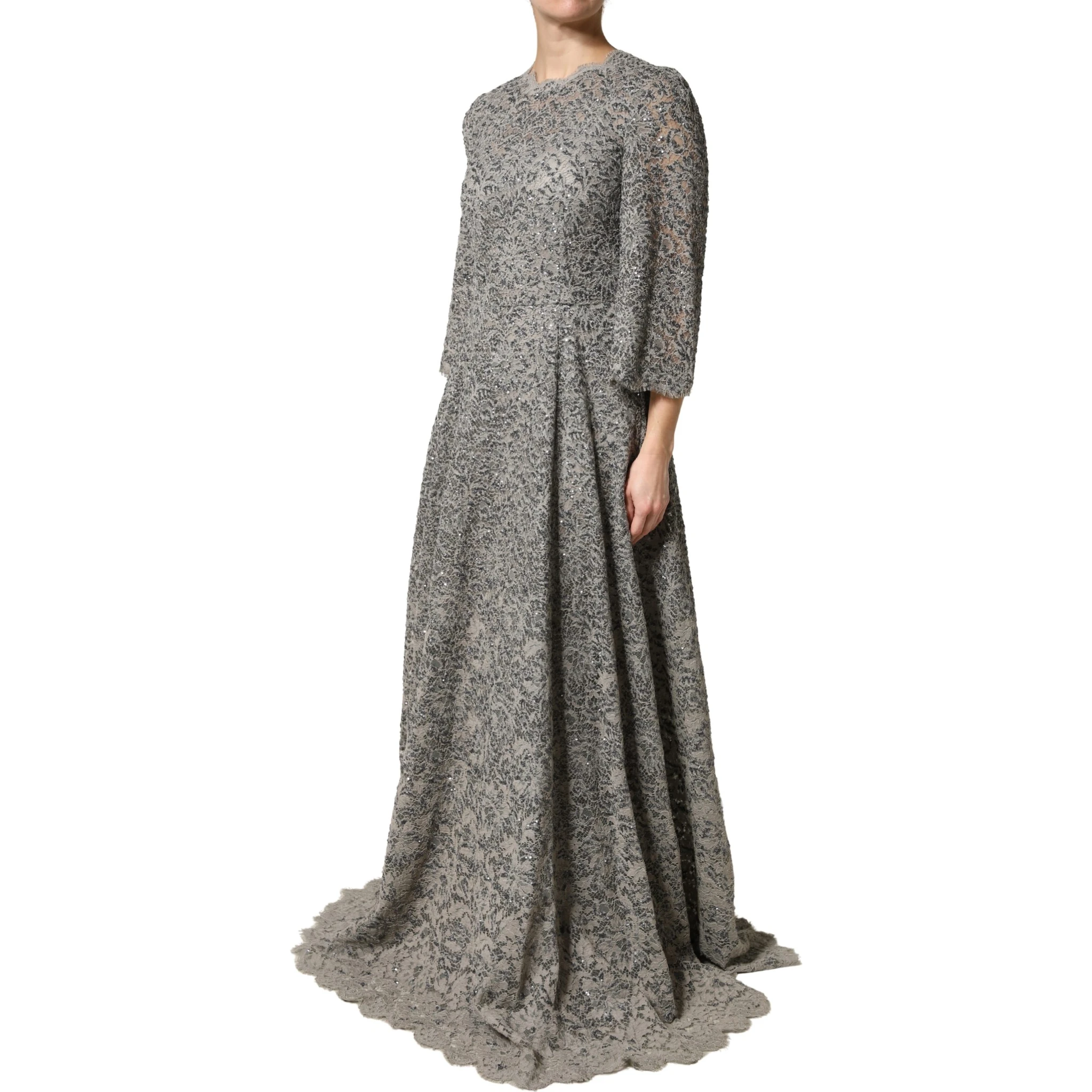 Gray Lace Long Sleeves Cotton Maxi Dress