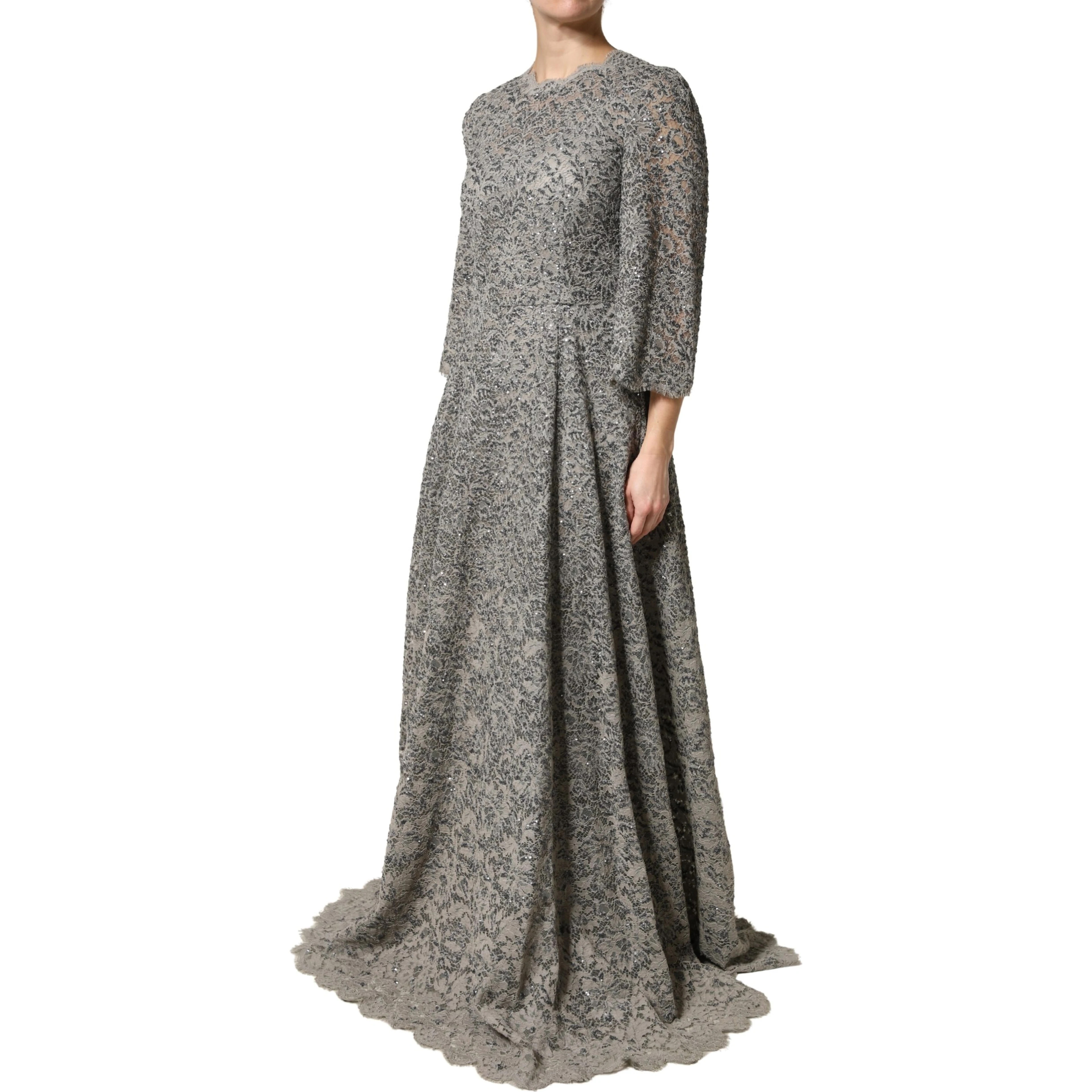 Gray Lace Long Sleeves Cotton Maxi Dress