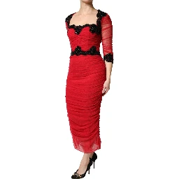 Red Mesh Trim Bodycon Sheath Midi Dress