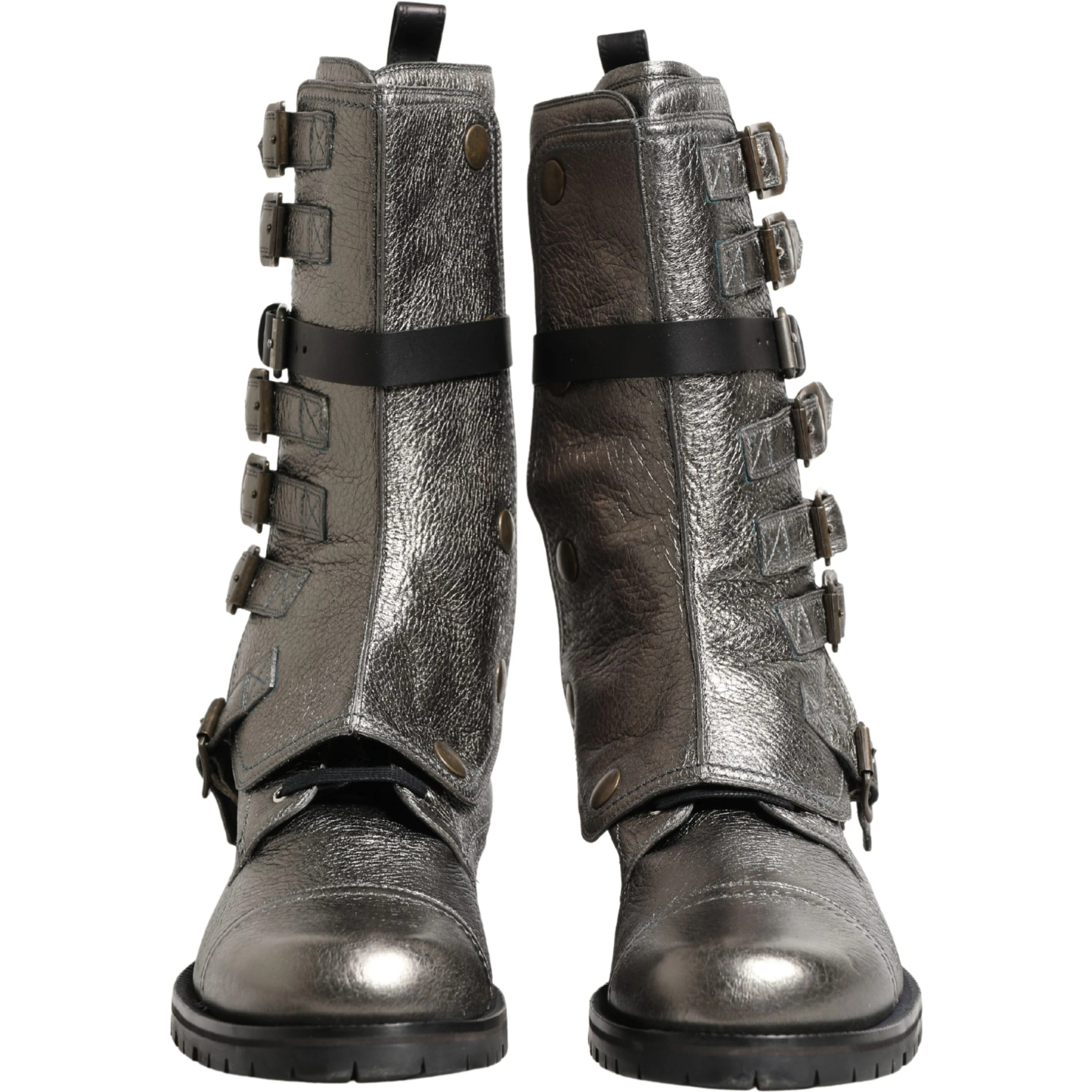 Metallic Silver Combat Biker Mid Calf Boots Shoes