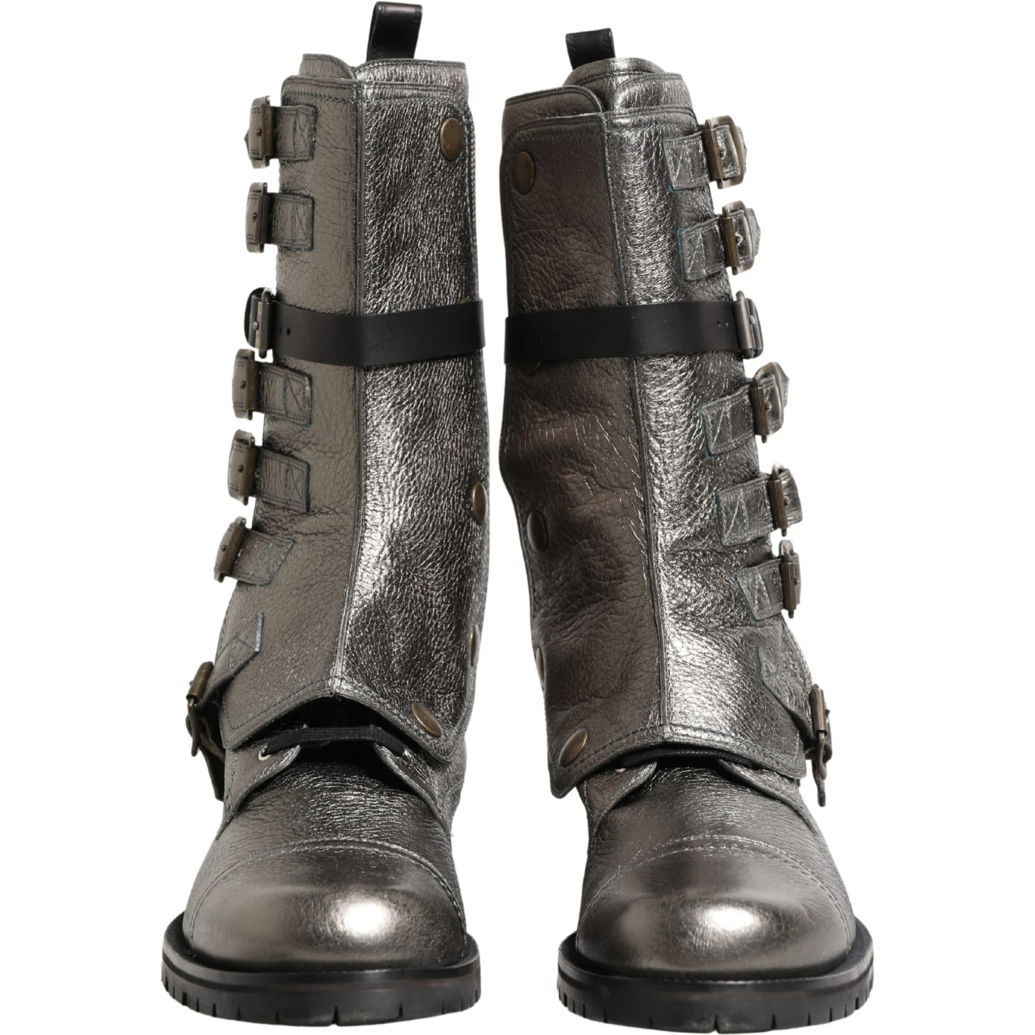 Metallic Silver Combat Biker Mid Calf Boots Shoes