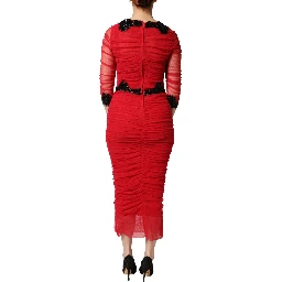 Red Mesh Trim Bodycon Sheath Midi Dress