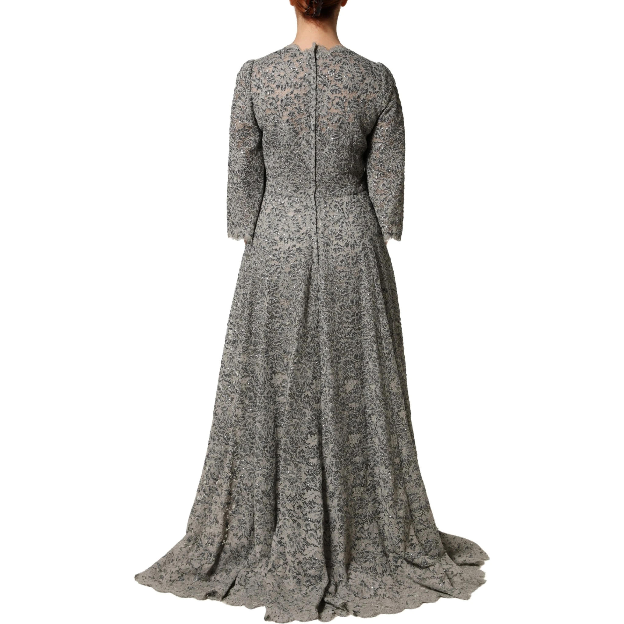 Gray Lace Long Sleeves Cotton Maxi Dress