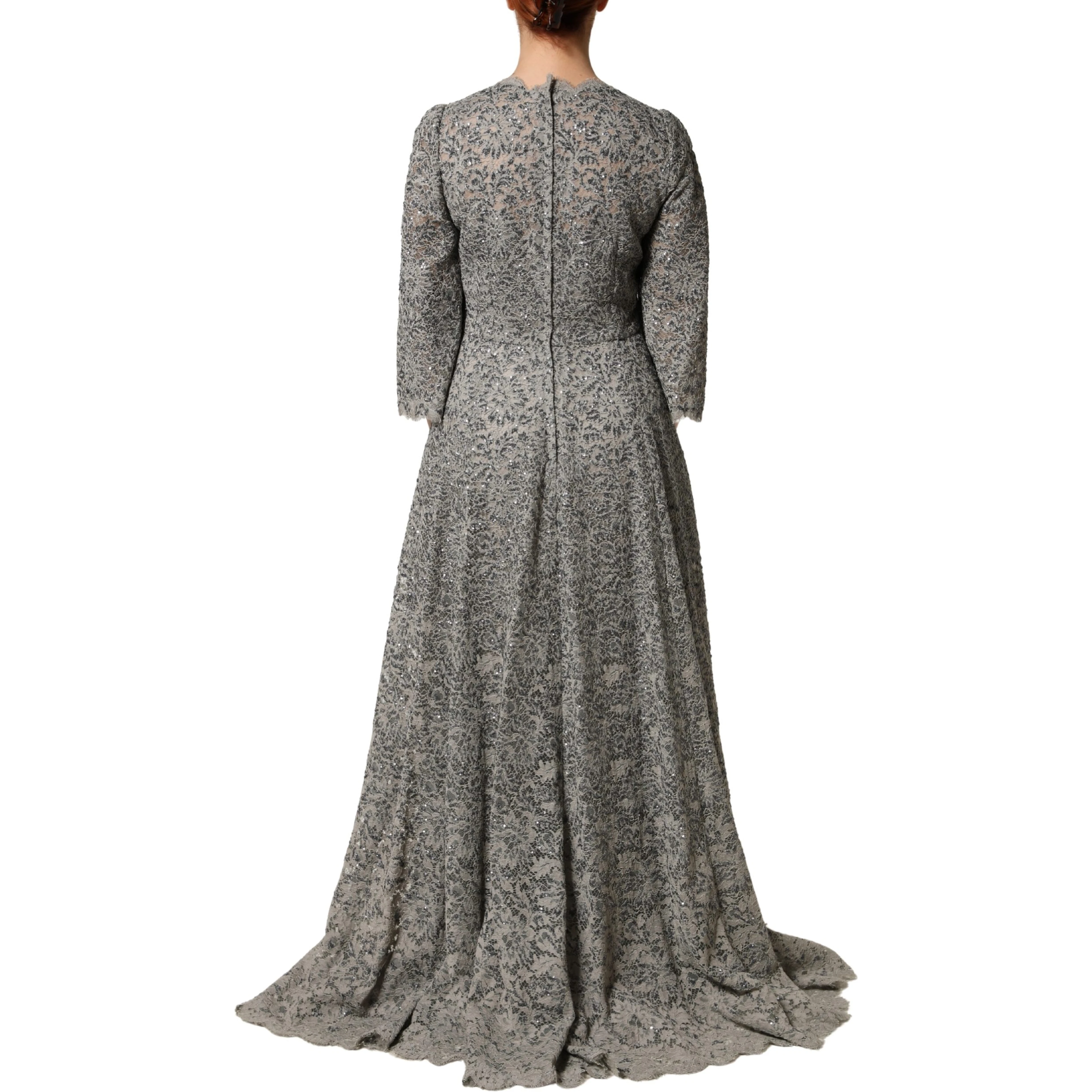 Gray Lace Long Sleeves Cotton Maxi Dress
