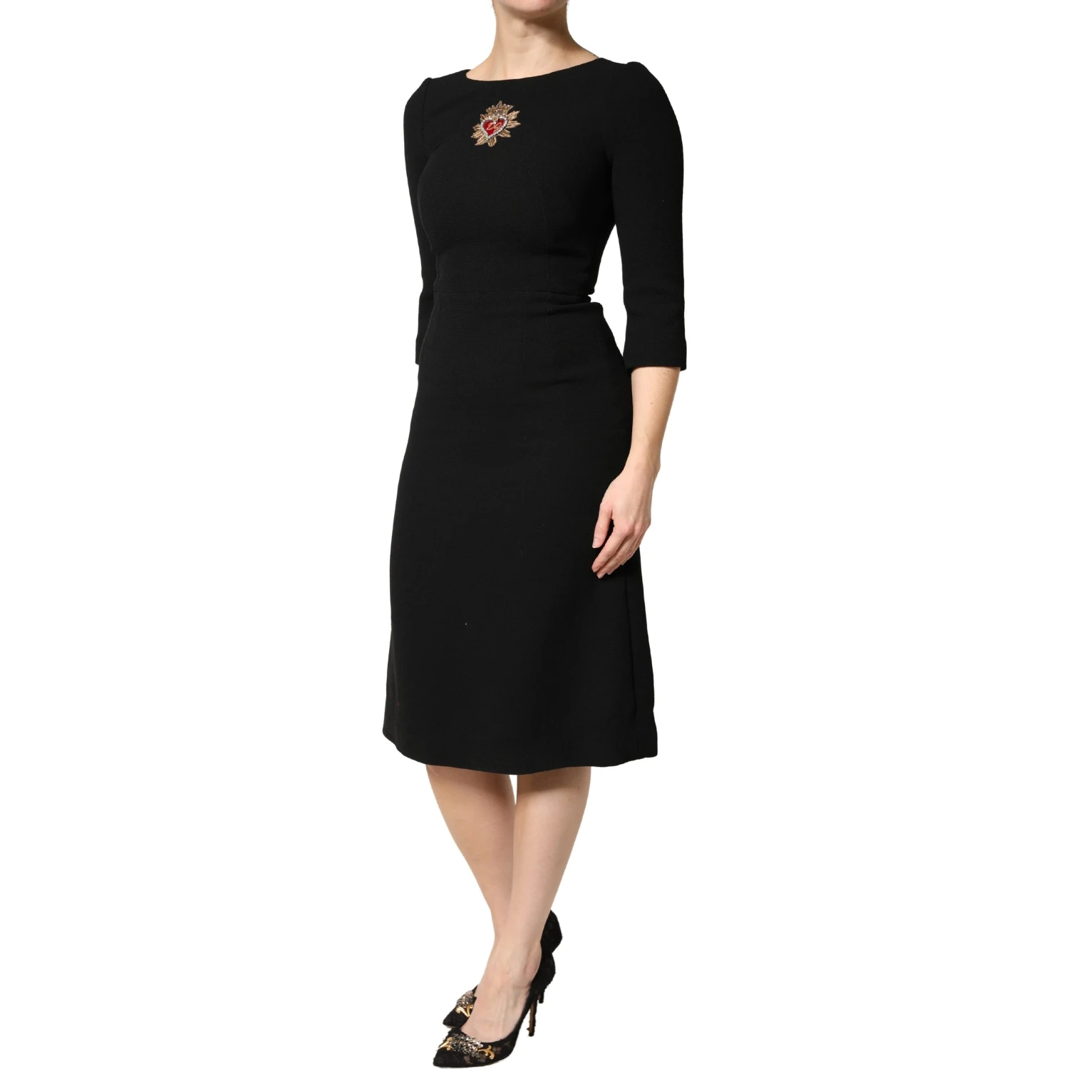 Black Wool Sacred Heart Patch Midi Dress