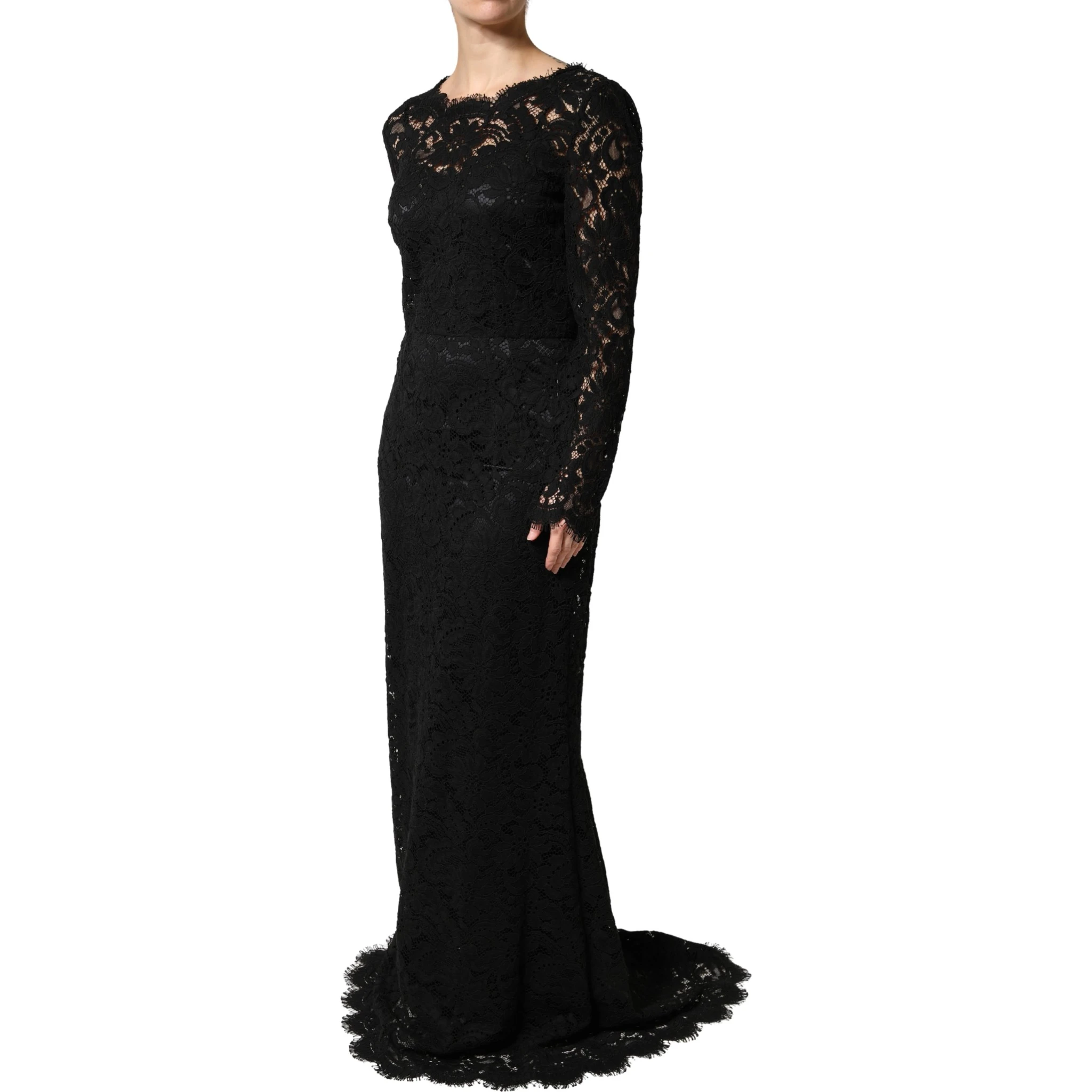 Black Lace Long Sleeves Cotton Maxi Dress