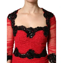 Red Mesh Trim Bodycon Sheath Midi Dress