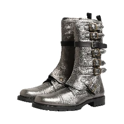 Metallic Silver Combat Biker Mid Calf Boots Shoes