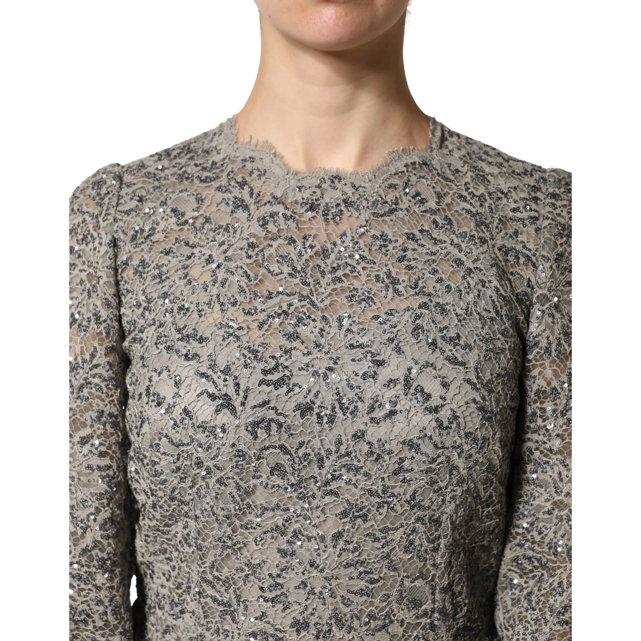 Gray Lace Long Sleeves Cotton Maxi Dress