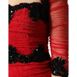 Red Mesh Trim Bodycon Sheath Midi Dress