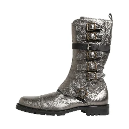 Metallic Silver Combat Biker Mid Calf Boots Shoes