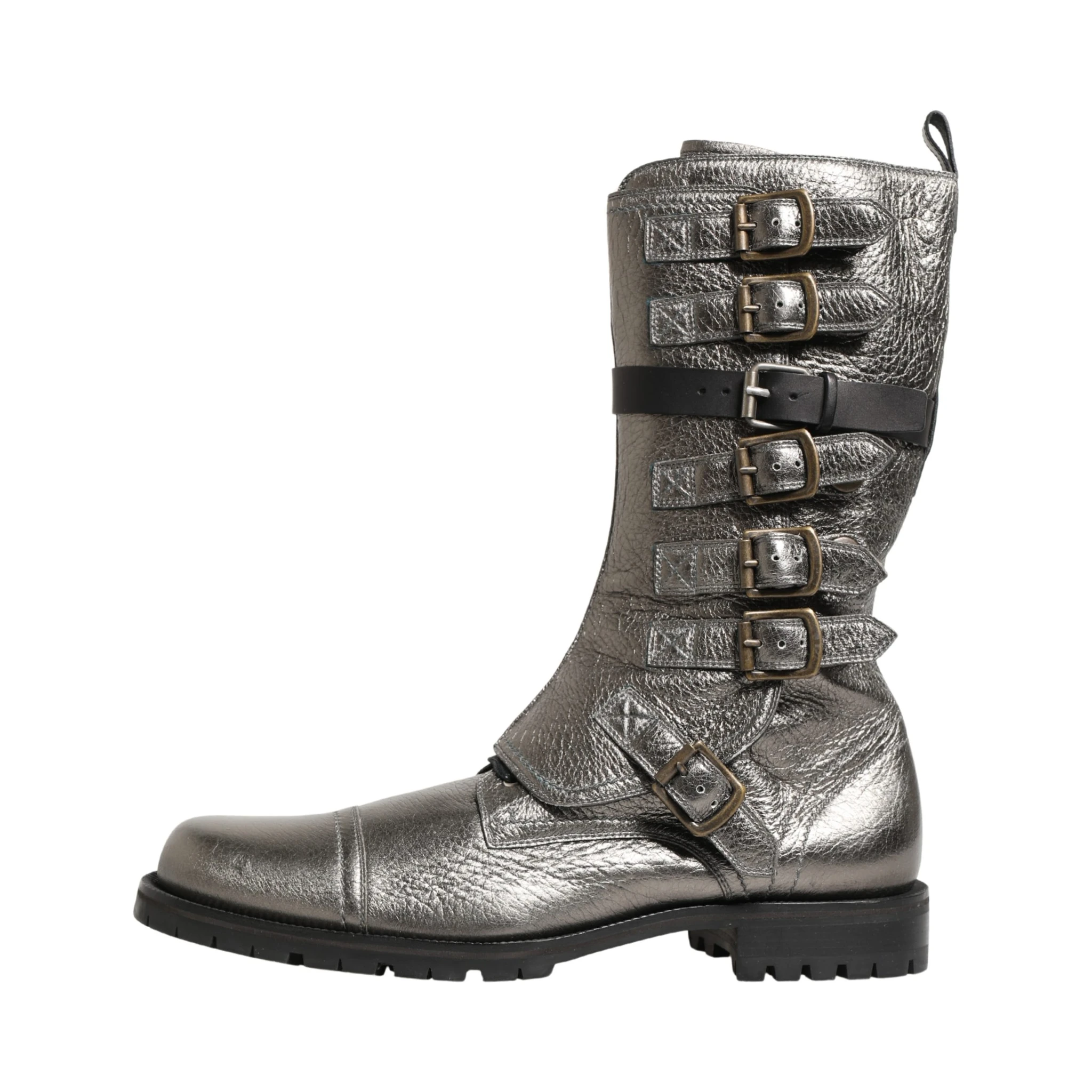 Metallic Silver Combat Biker Mid Calf Boots Shoes