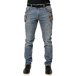Blue Embellished Loose Cotton Men Denim Jeans