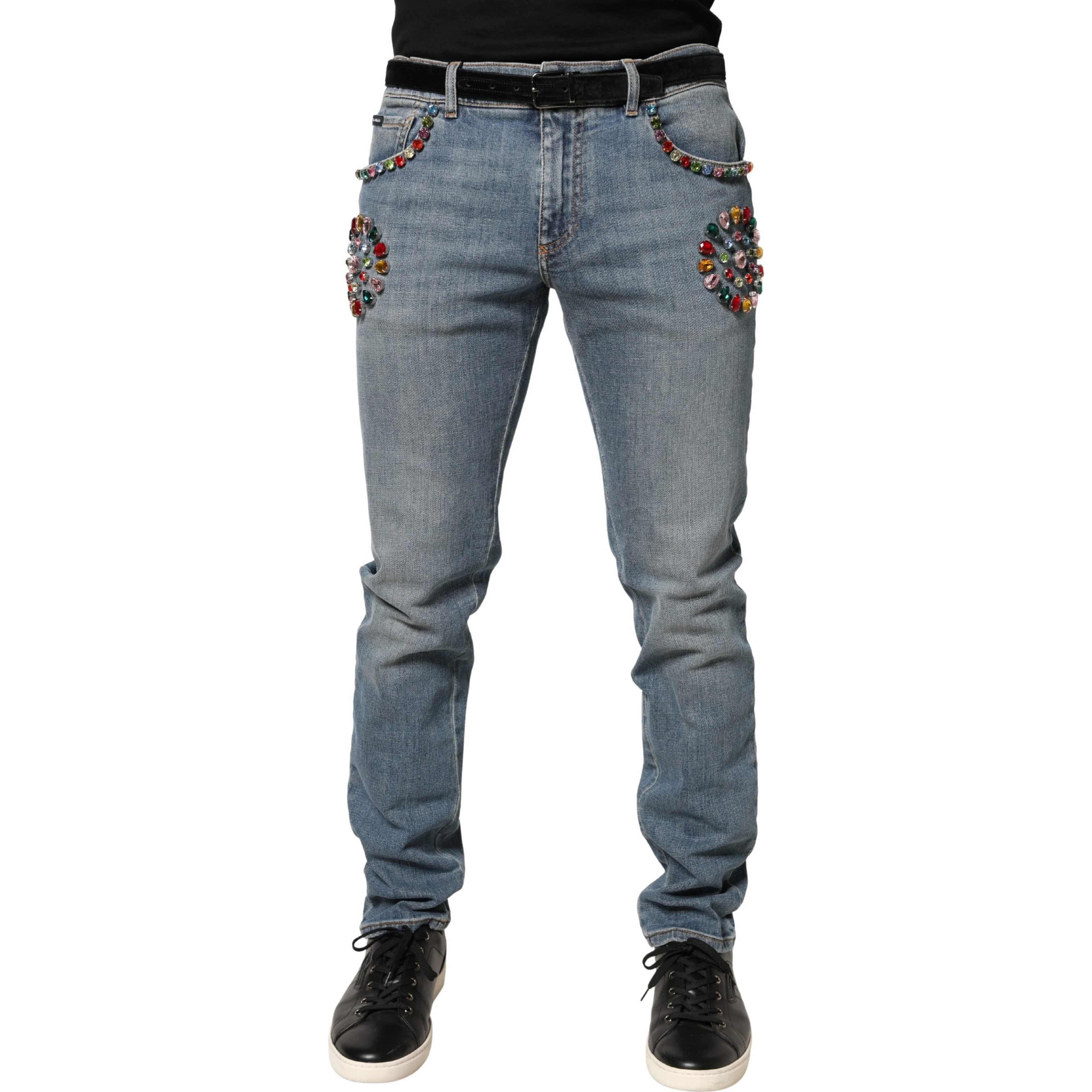 Blue Embellished Loose Cotton Men Denim Jeans