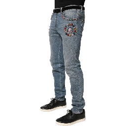 Blue Embellished Loose Cotton Men Denim Jeans