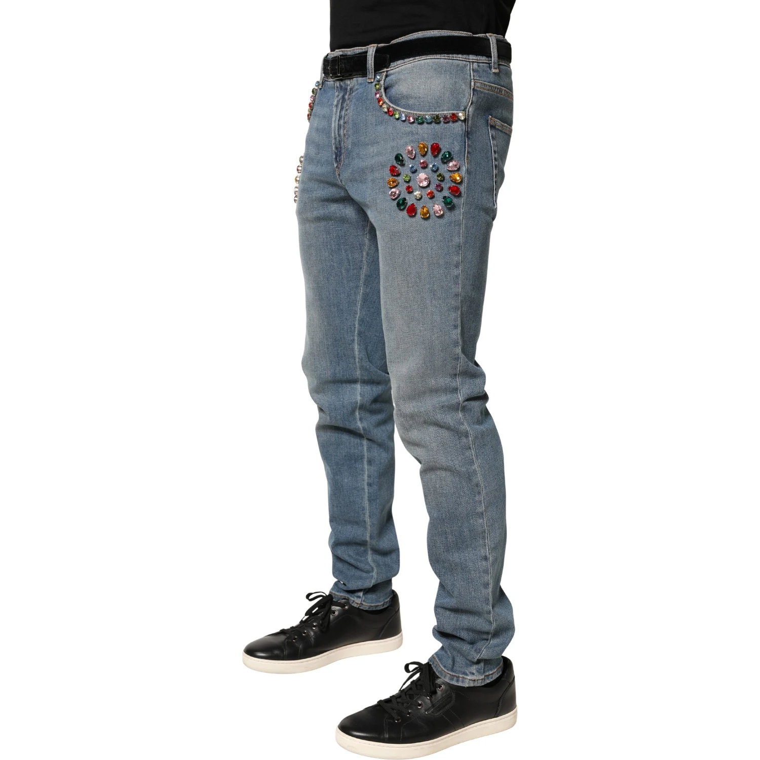 Blue Embellished Loose Cotton Men Denim Jeans