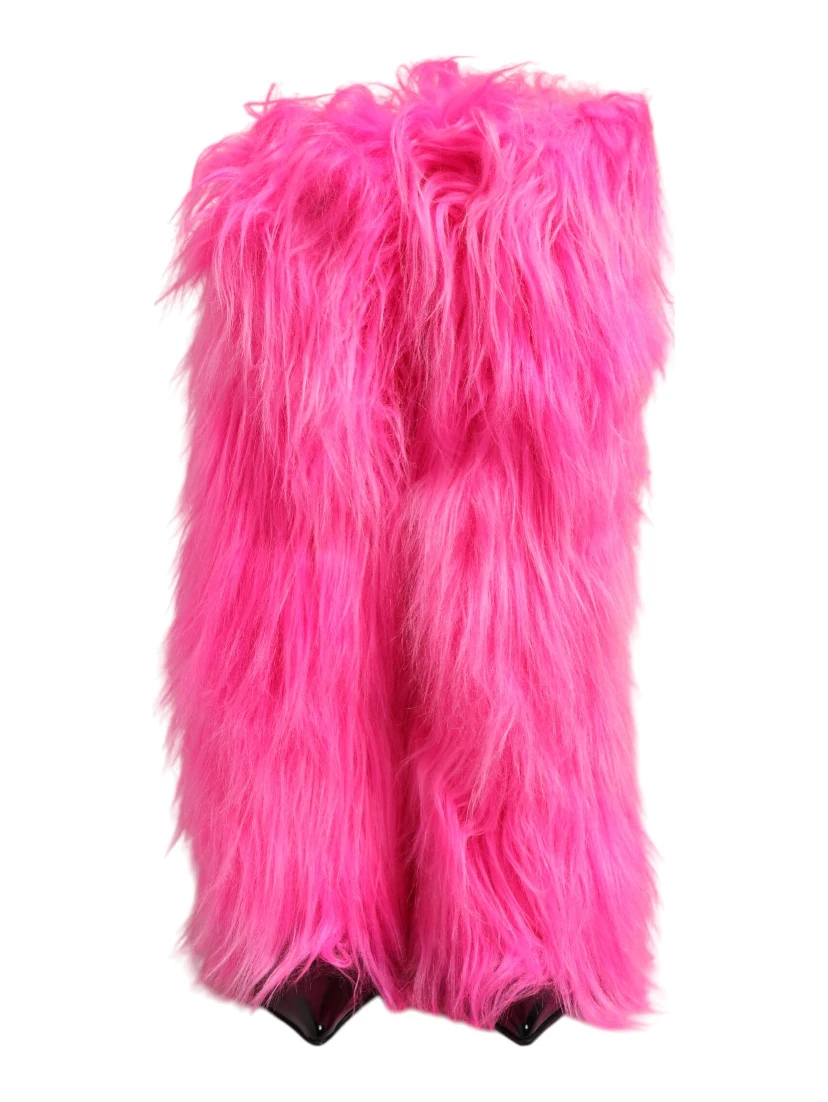 حذاء بوت وردي بكعب عالٍ من الجلد الصناعي والفرو