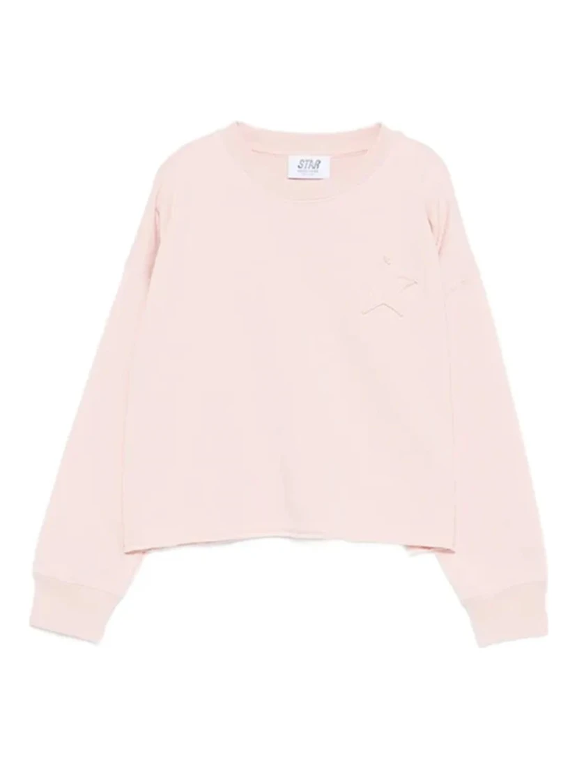 star girl's crewneck crop sweatshirt raw cut hem blend cotton fleece with patch and embroidery