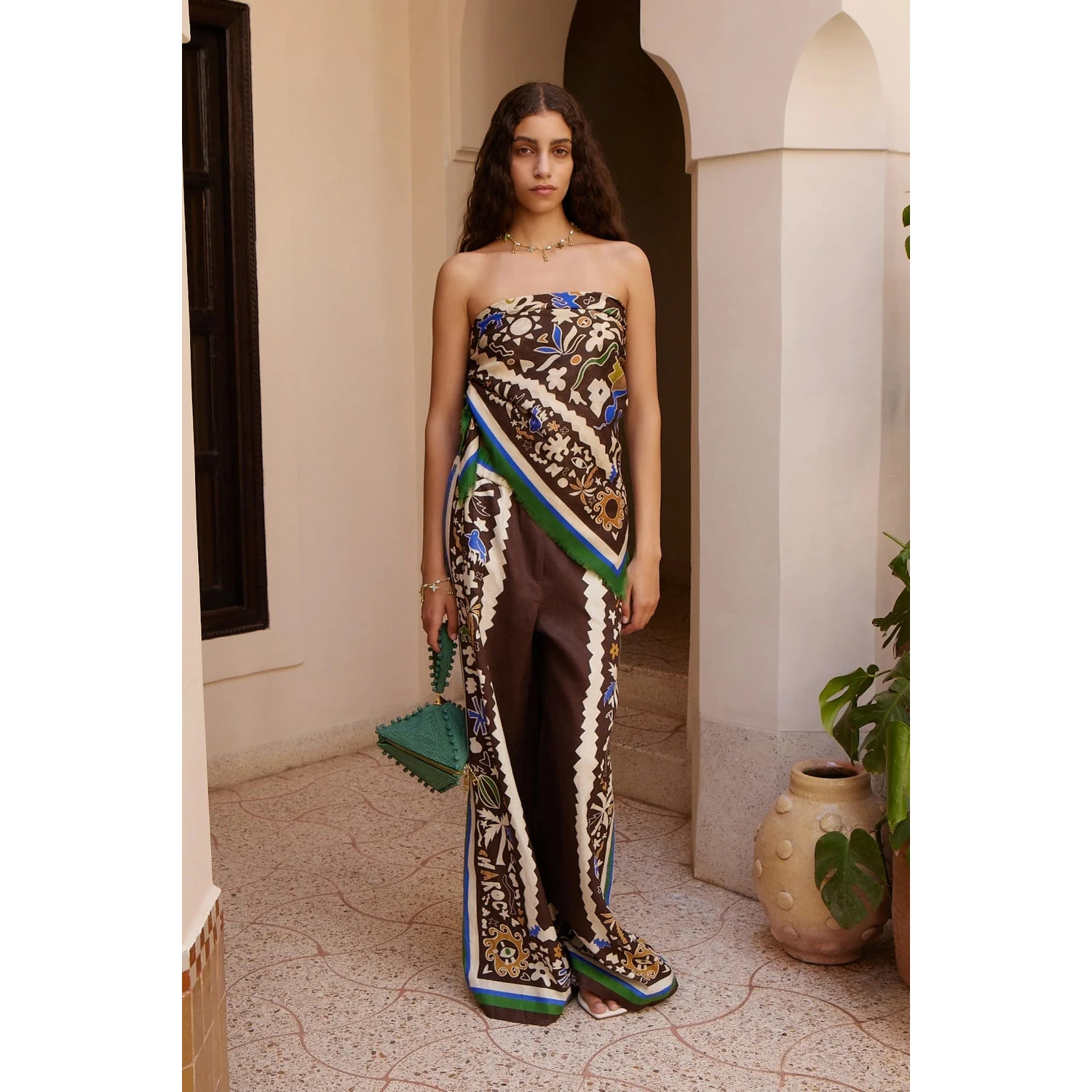 Printed wide-leg linen trousers