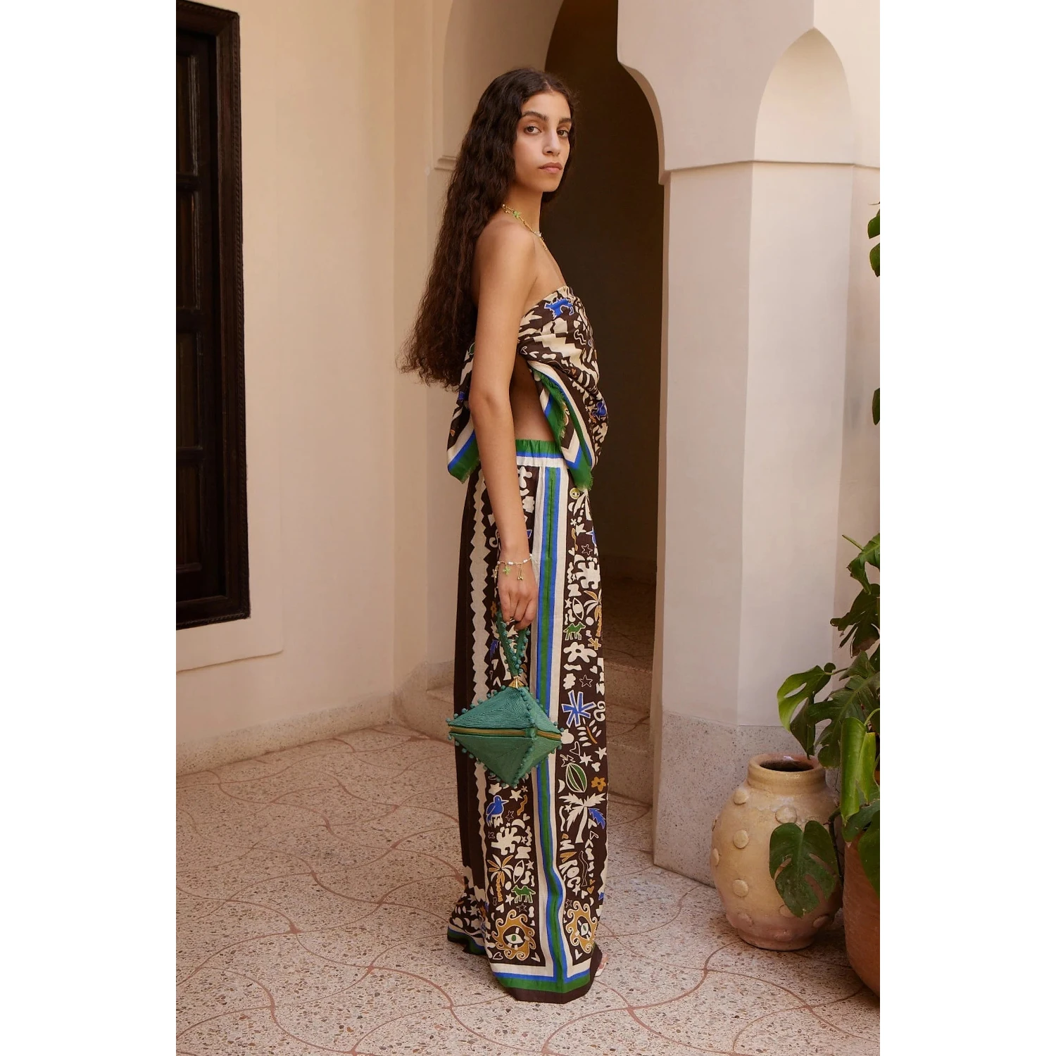 Printed wide-leg linen trousers