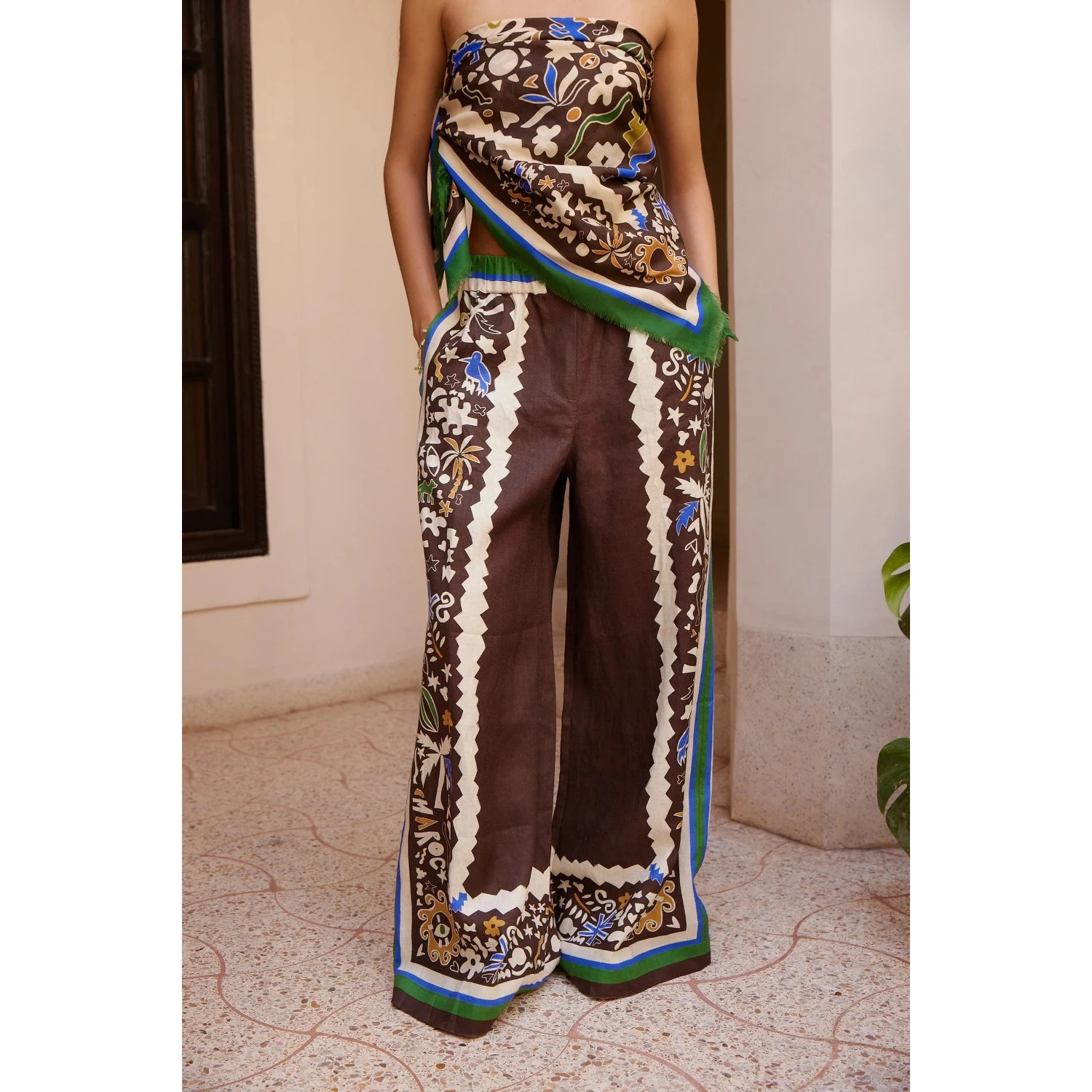 Printed wide-leg linen trousers