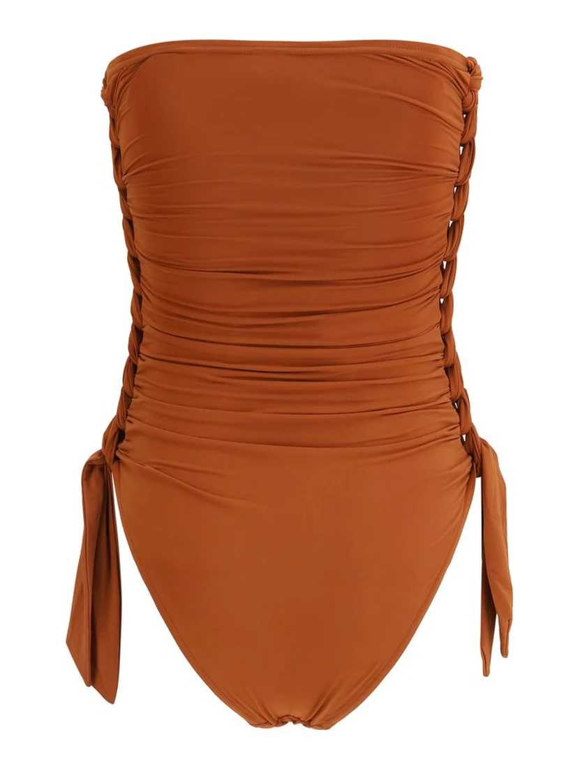 Brown Polyester One-Piece Swimsuit