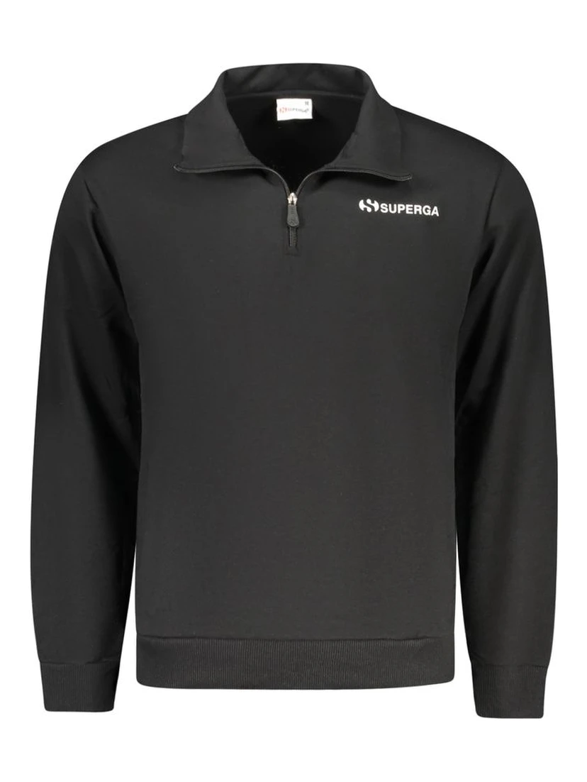 "Black Cotton Men's Sweatshirt with Half Zip and Pockets"
