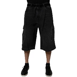 Black Mid Waist Denim Cargo Bermuda  Shorts