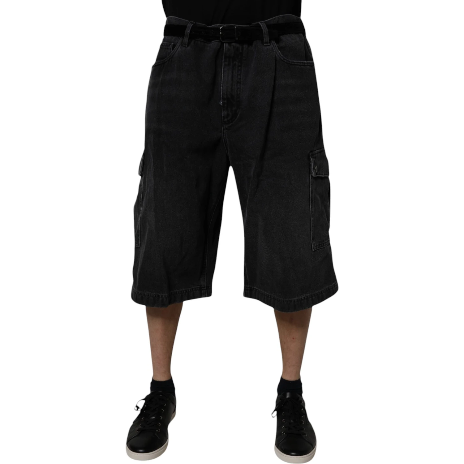Black Mid Waist Denim Cargo Bermuda Shorts