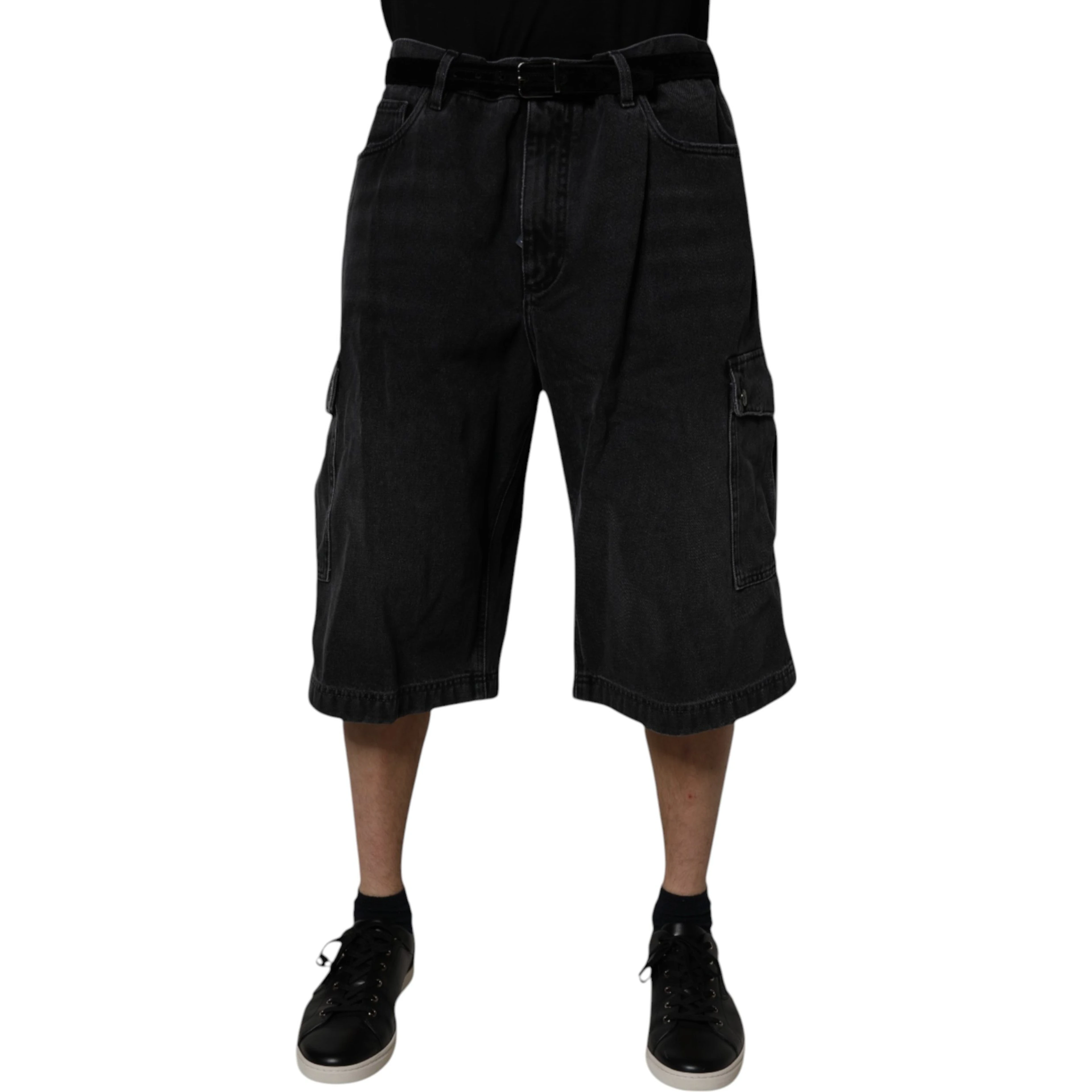 Black Mid Waist Denim Cargo Bermuda  Shorts