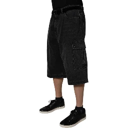 Black Mid Waist Denim Cargo Bermuda  Shorts