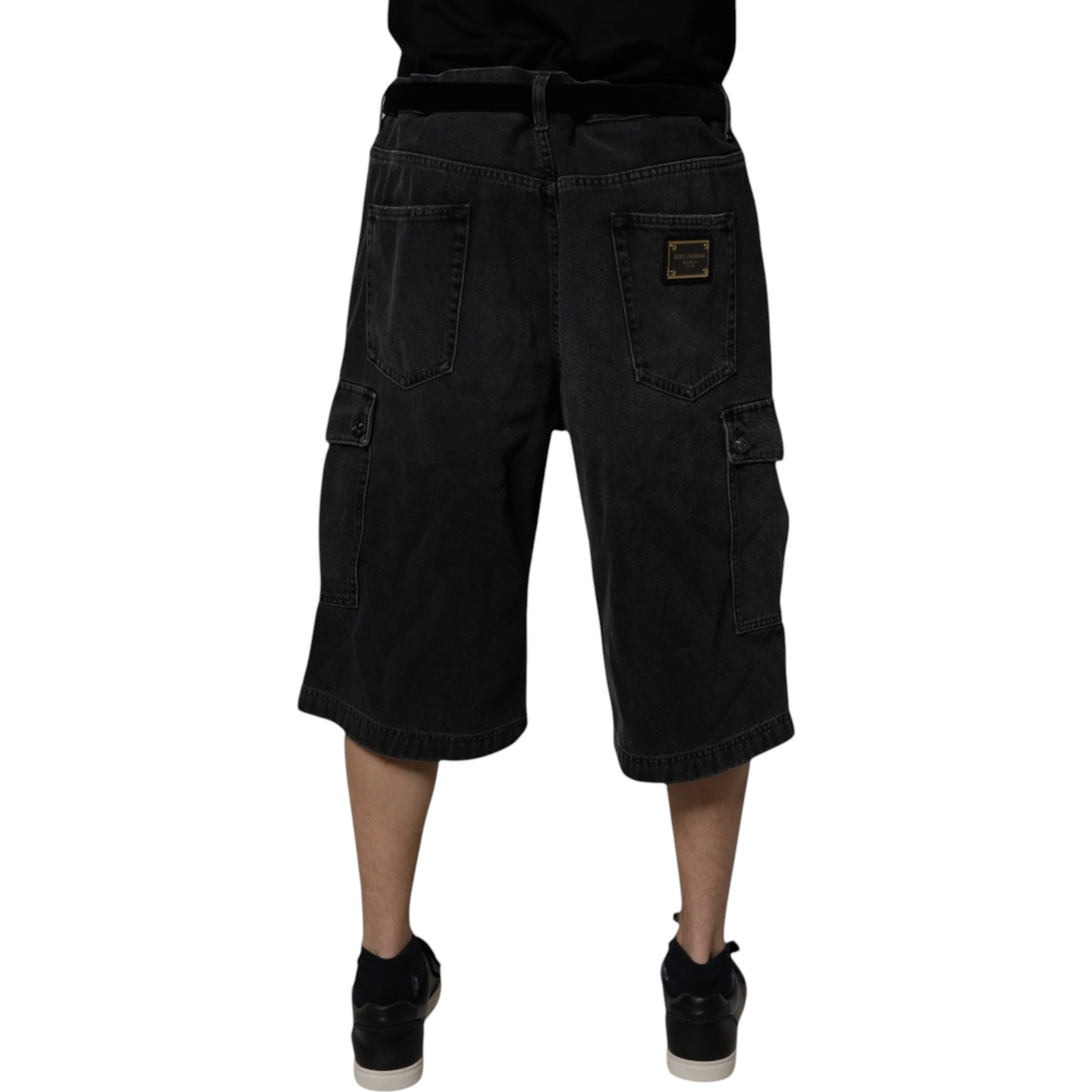Black Mid Waist Denim Cargo Bermuda  Shorts