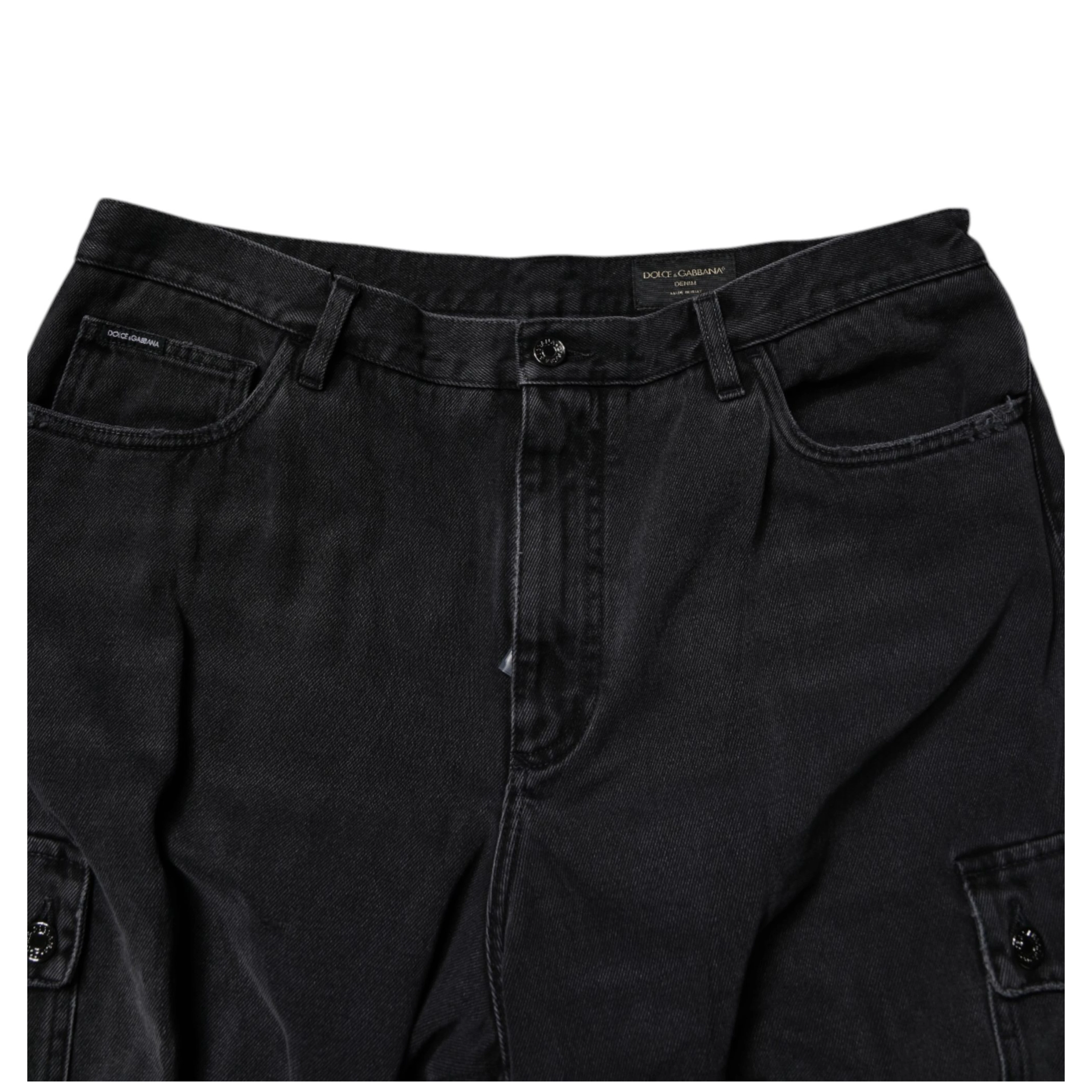 Black Mid Waist Denim Cargo Bermuda  Shorts