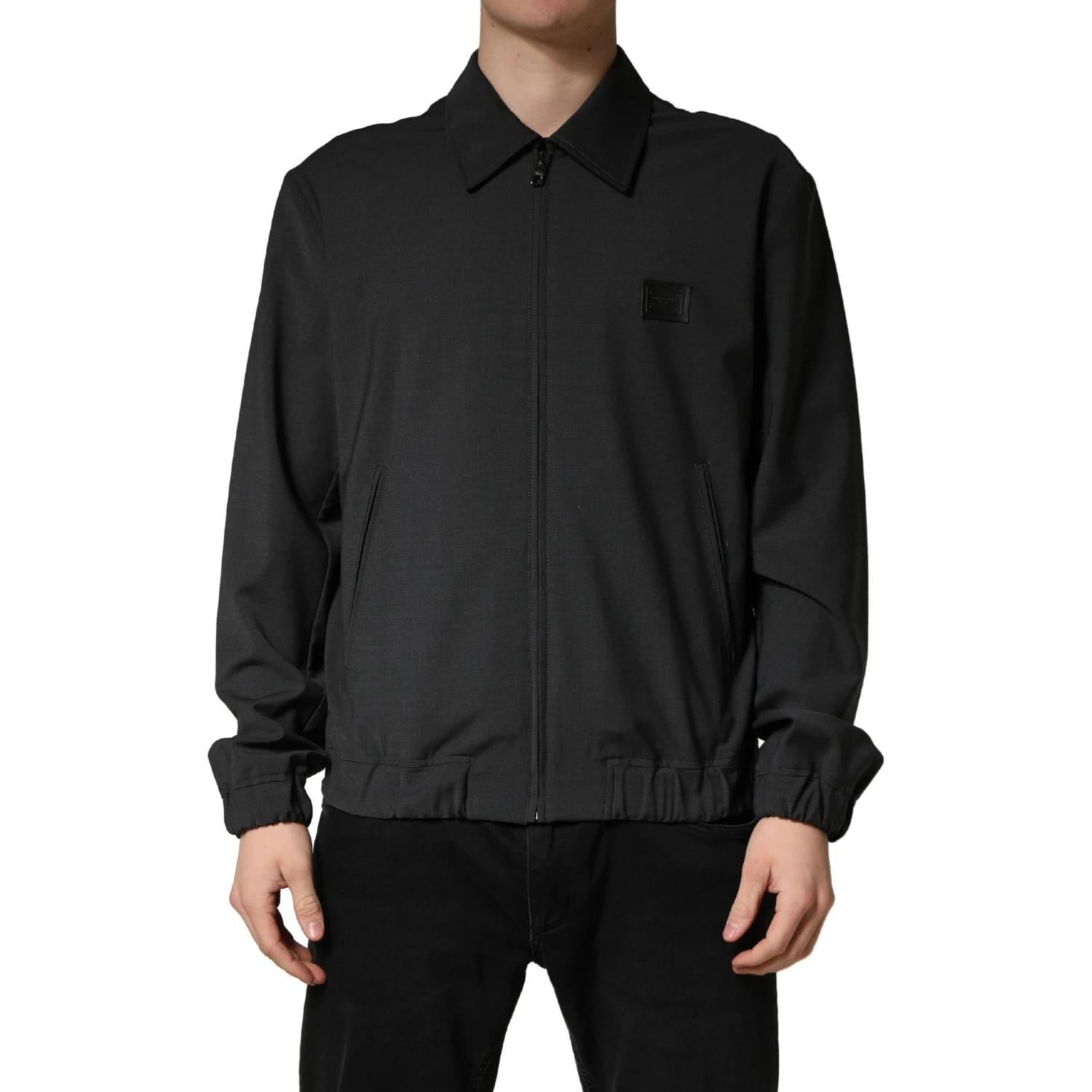 Black Wool Logo Full Zip Men Bomber Jacket