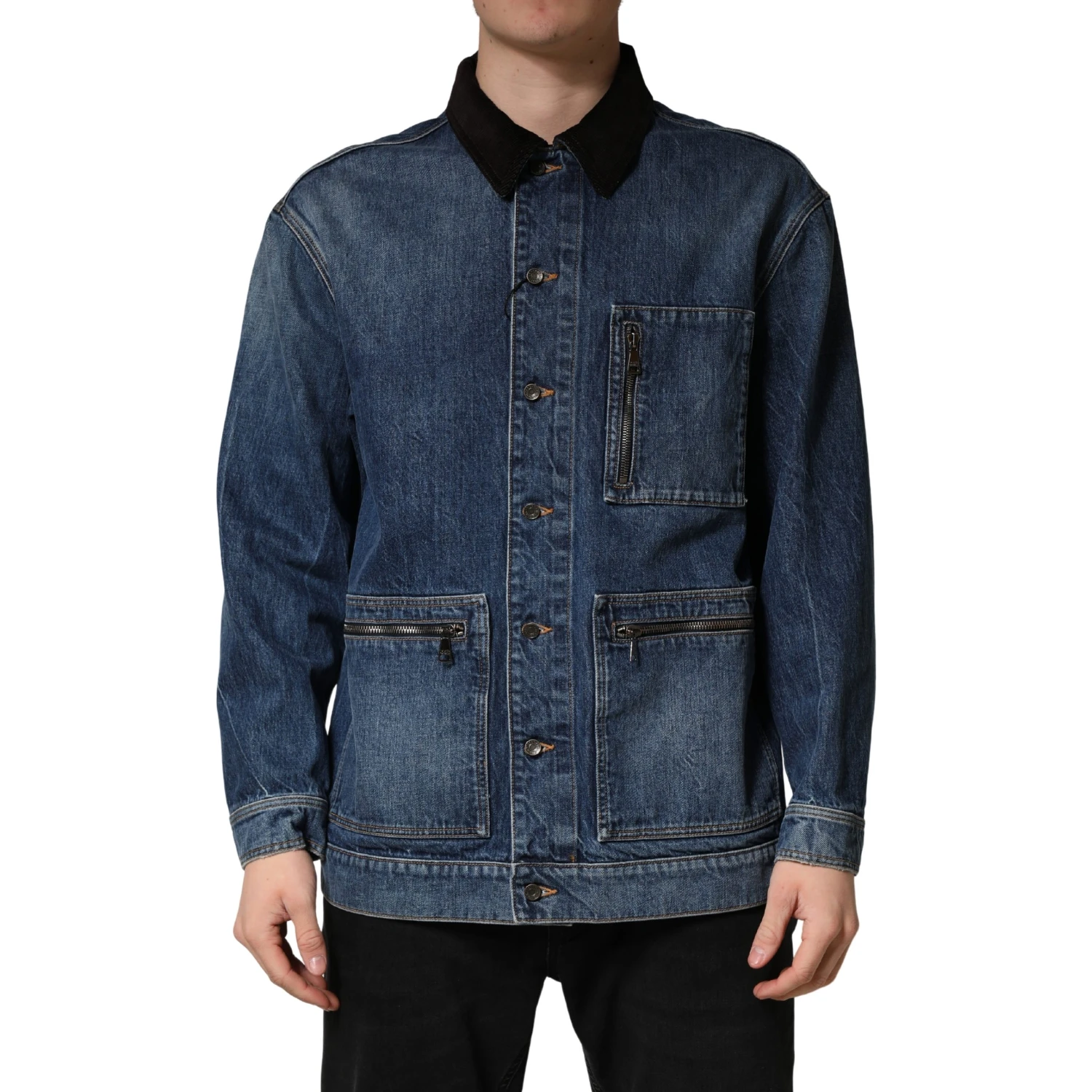 Black Blue Cotton Denim Blouson Men Jacket