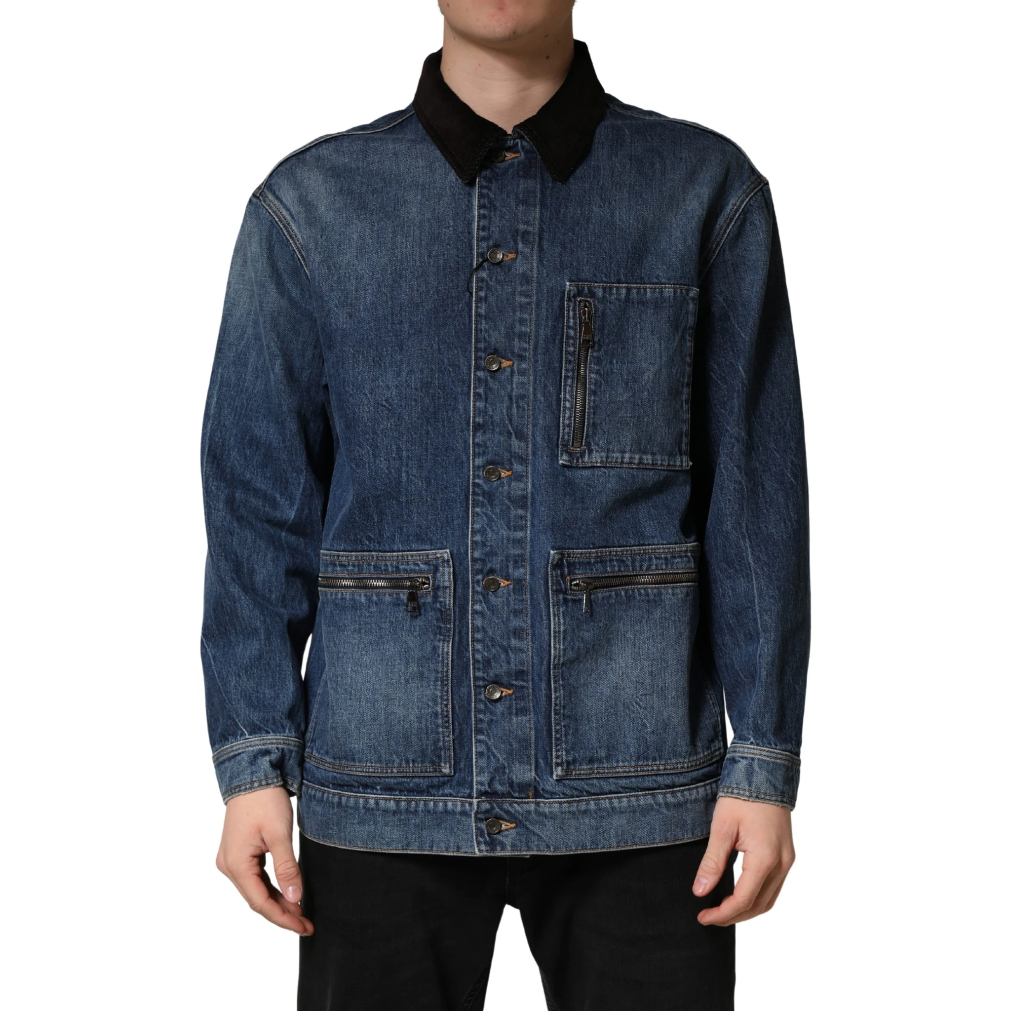 Black Blue Cotton Denim Blouson Men Jacket