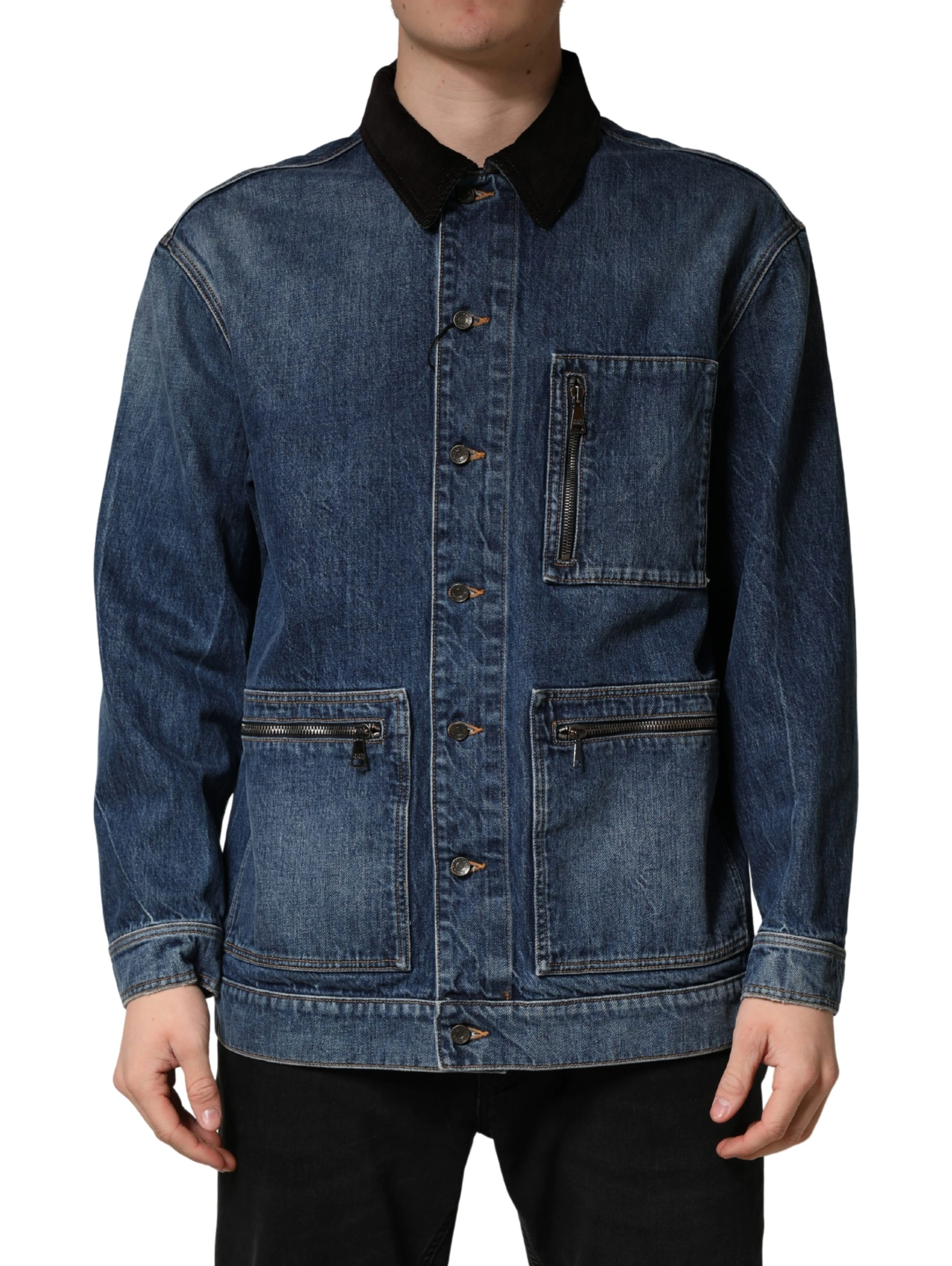 Black Blue Cotton Denim Blouson Men Jacket