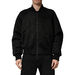 Men Black Nylon Full Zip Bomber Jacket