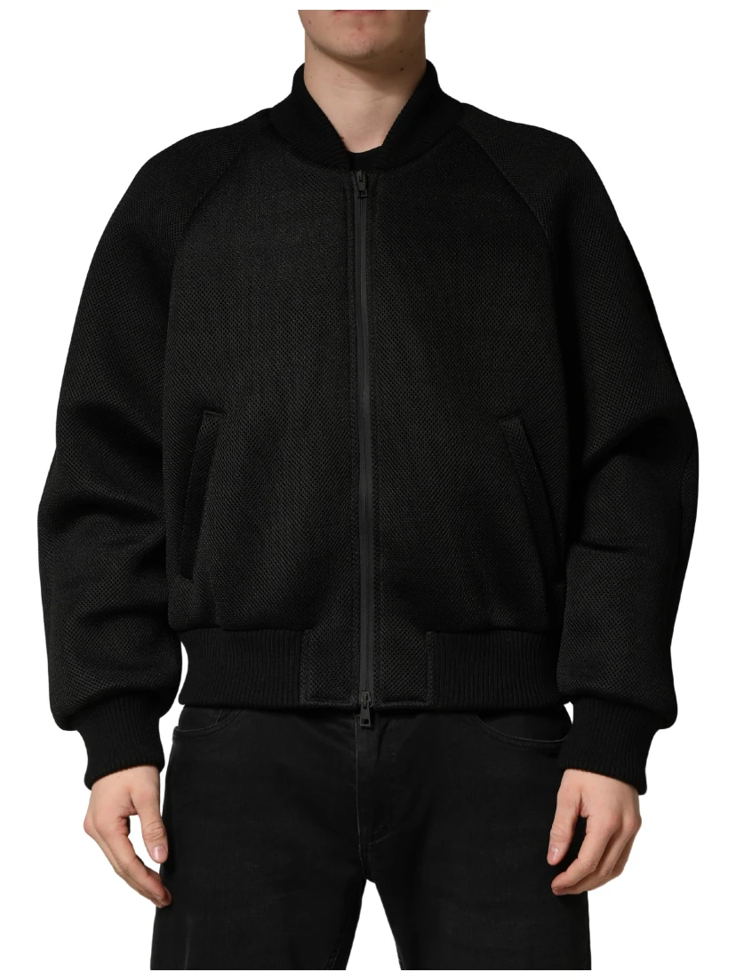 Men Black Nylon Full Zip Bomber Jacket