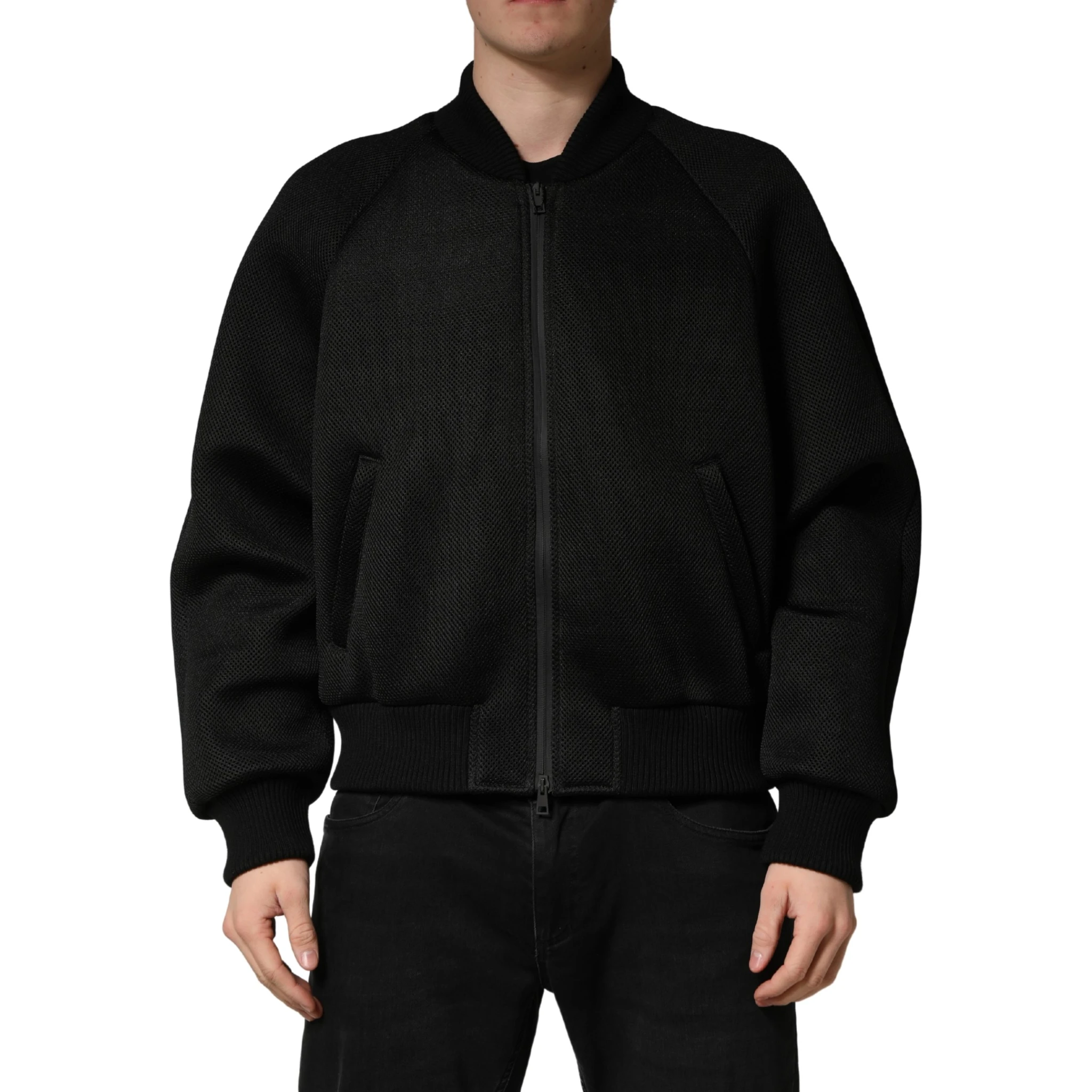 Men Black Nylon Full Zip Bomber Jacket